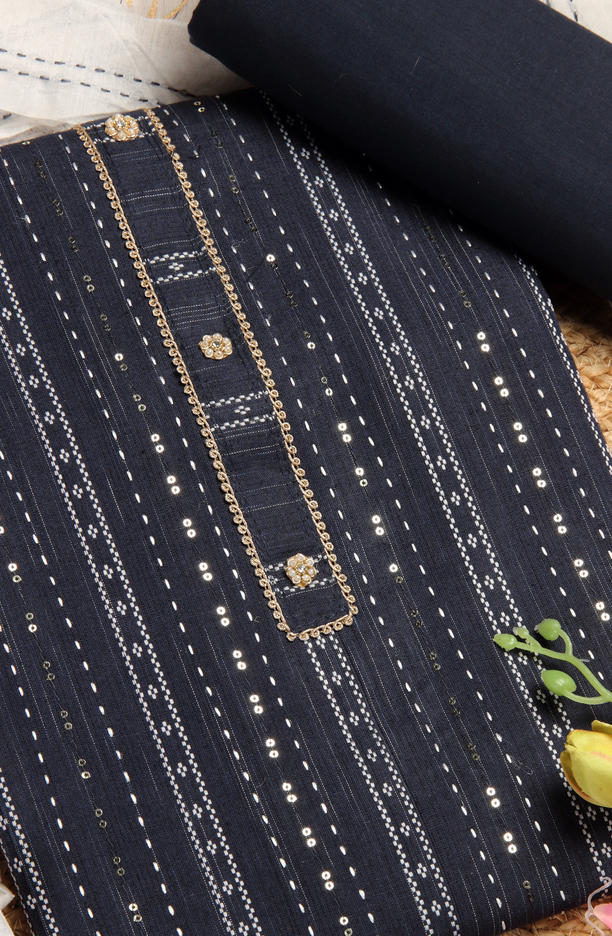 Blue Cotton Unstitched Salwar Suit with Chanderi Dupatta - 959-BLUE-1A