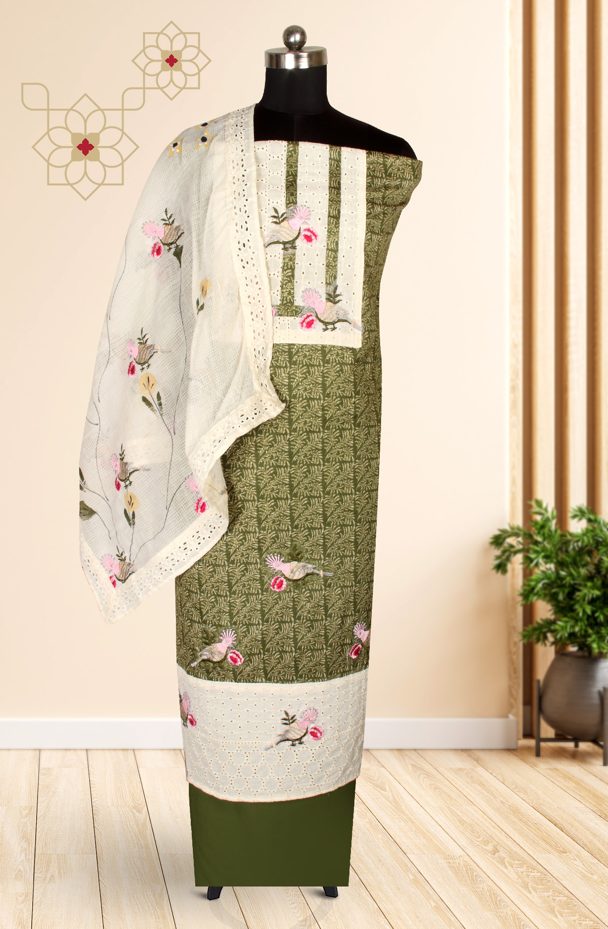 Green Cotton Salwar Kameez with Beautiful Dupatta - 959-EVA-1C