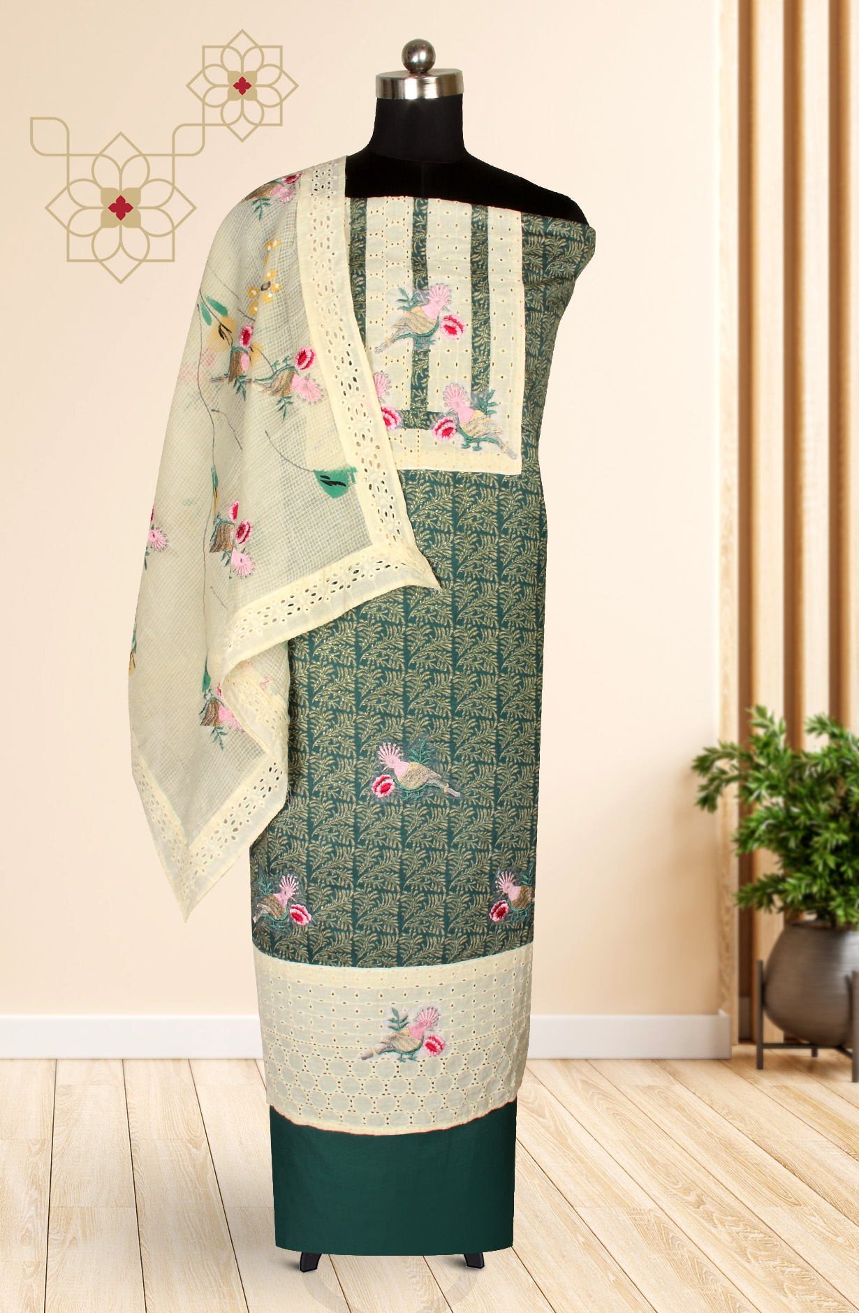 Bottle Green Cotton Salwar Kameez with Beautiful Dupatta - 959-EVA-1D