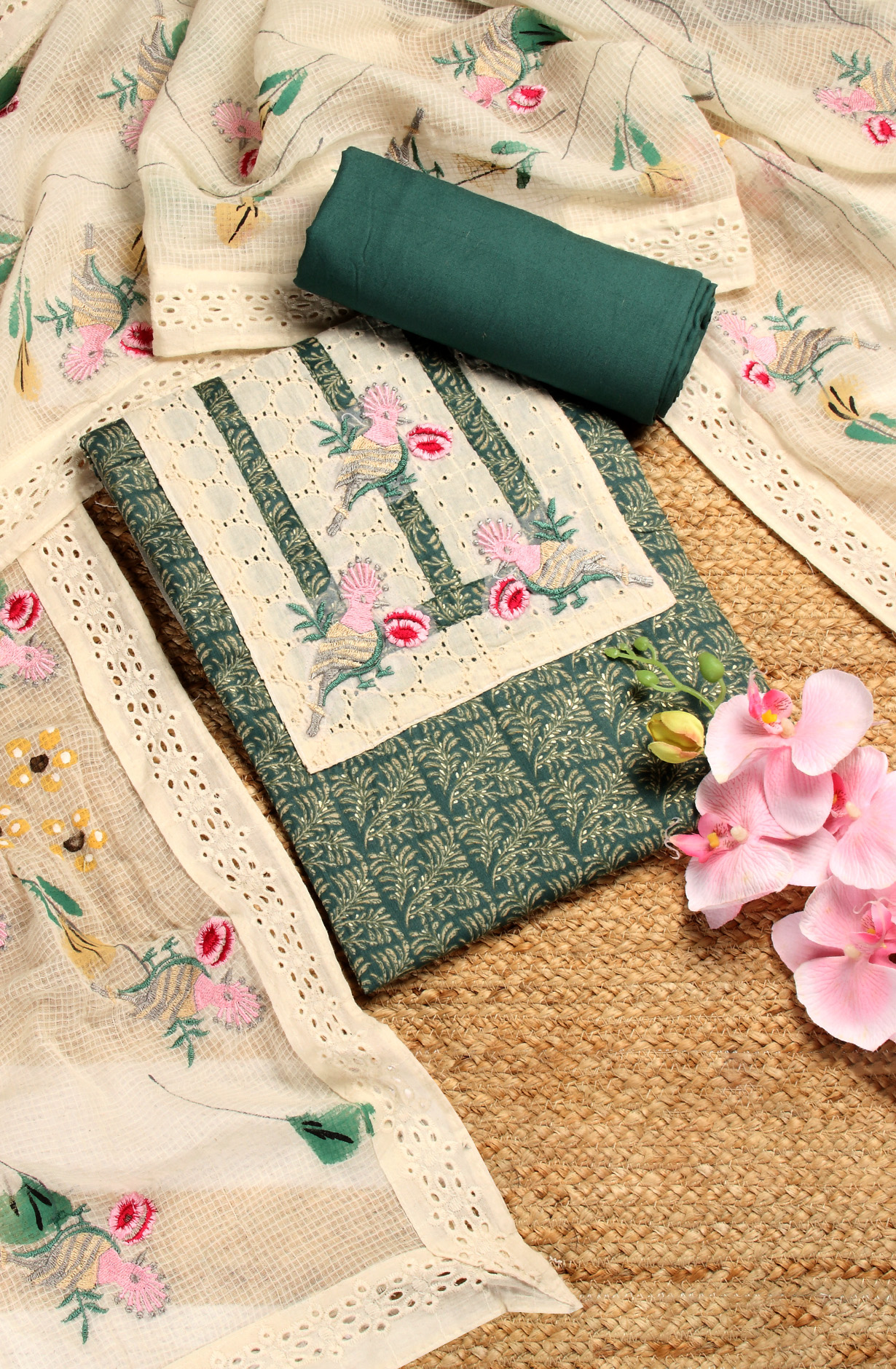 Bottle Green Cotton Salwar Kameez with Beautiful Dupatta - 959-EVA-1D