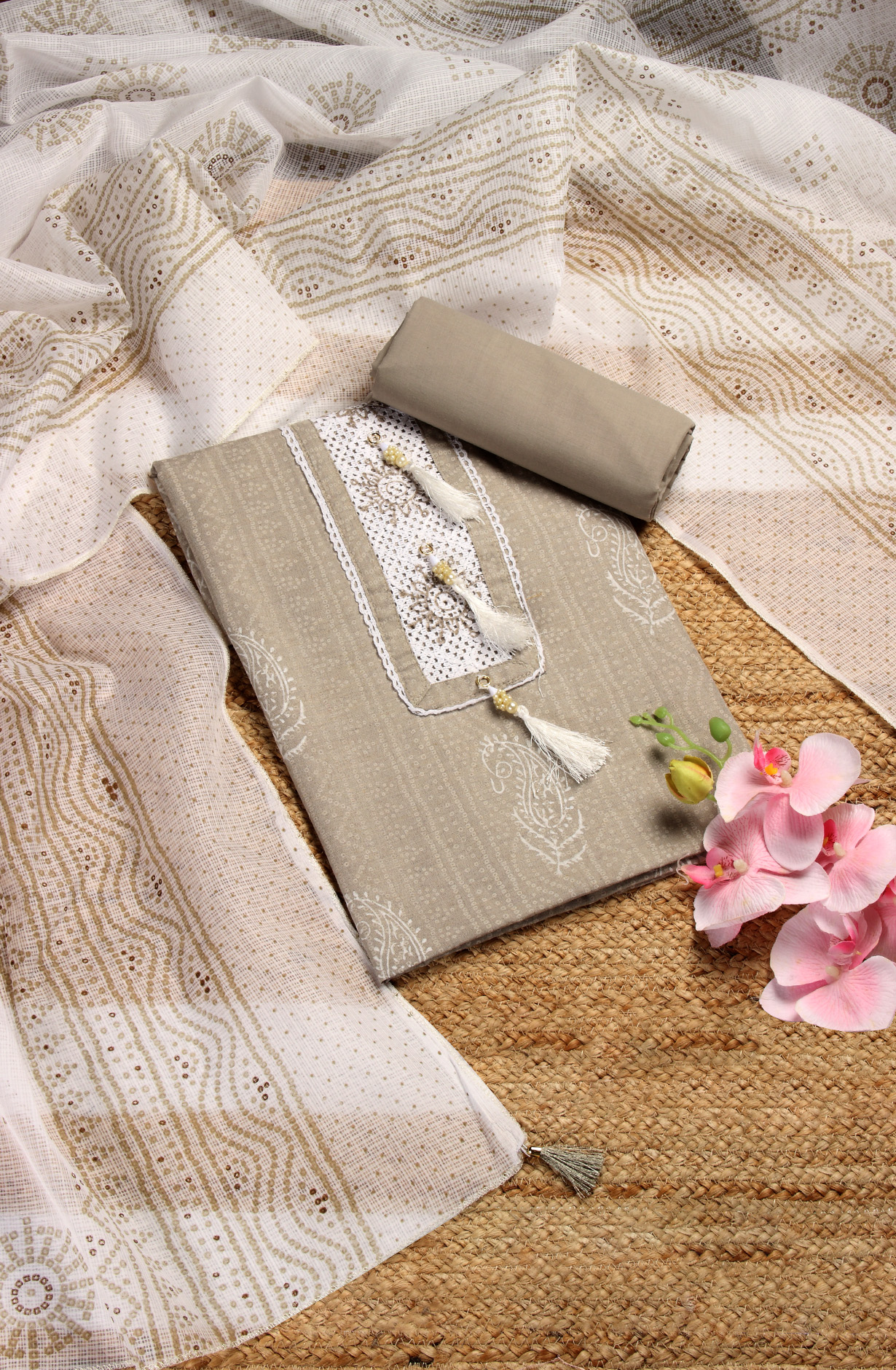 Grey Cotton Lace Work Salwar Suit with Beautiful Dupatta - 959-GRAY