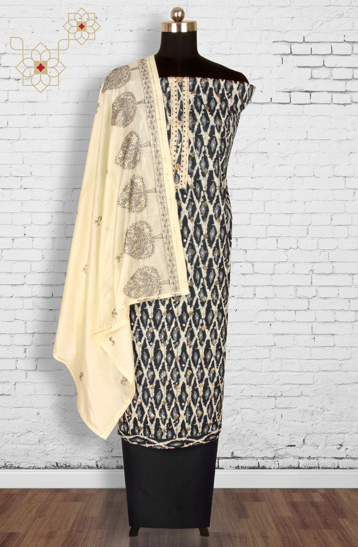 Black Cotton Unstitched Salwar Suit with Chanderi Dupatta - 959-KABIRA-6C