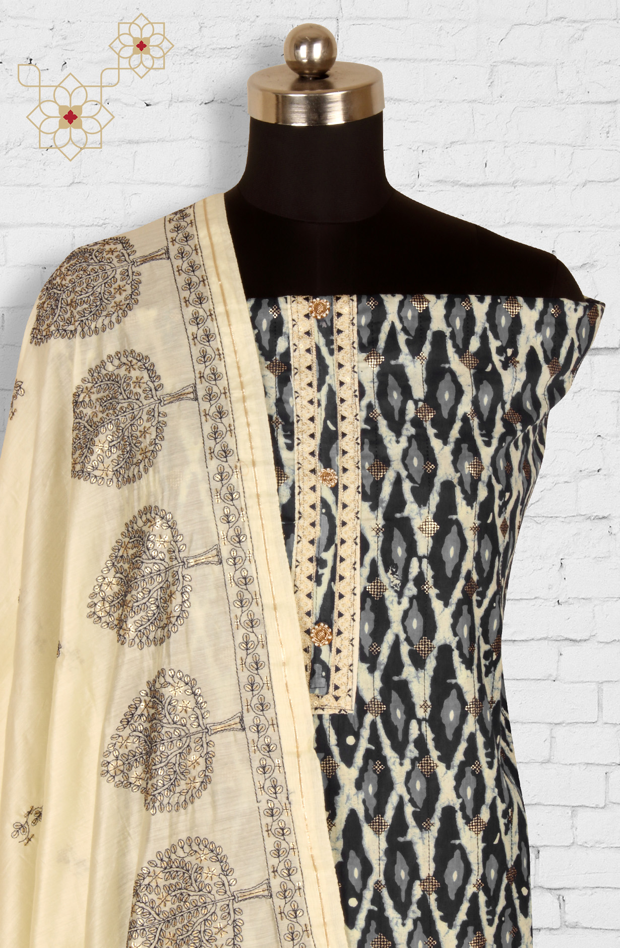 Black Cotton Unstitched Salwar Suit with Chanderi Dupatta - 959-KABIRA-6C