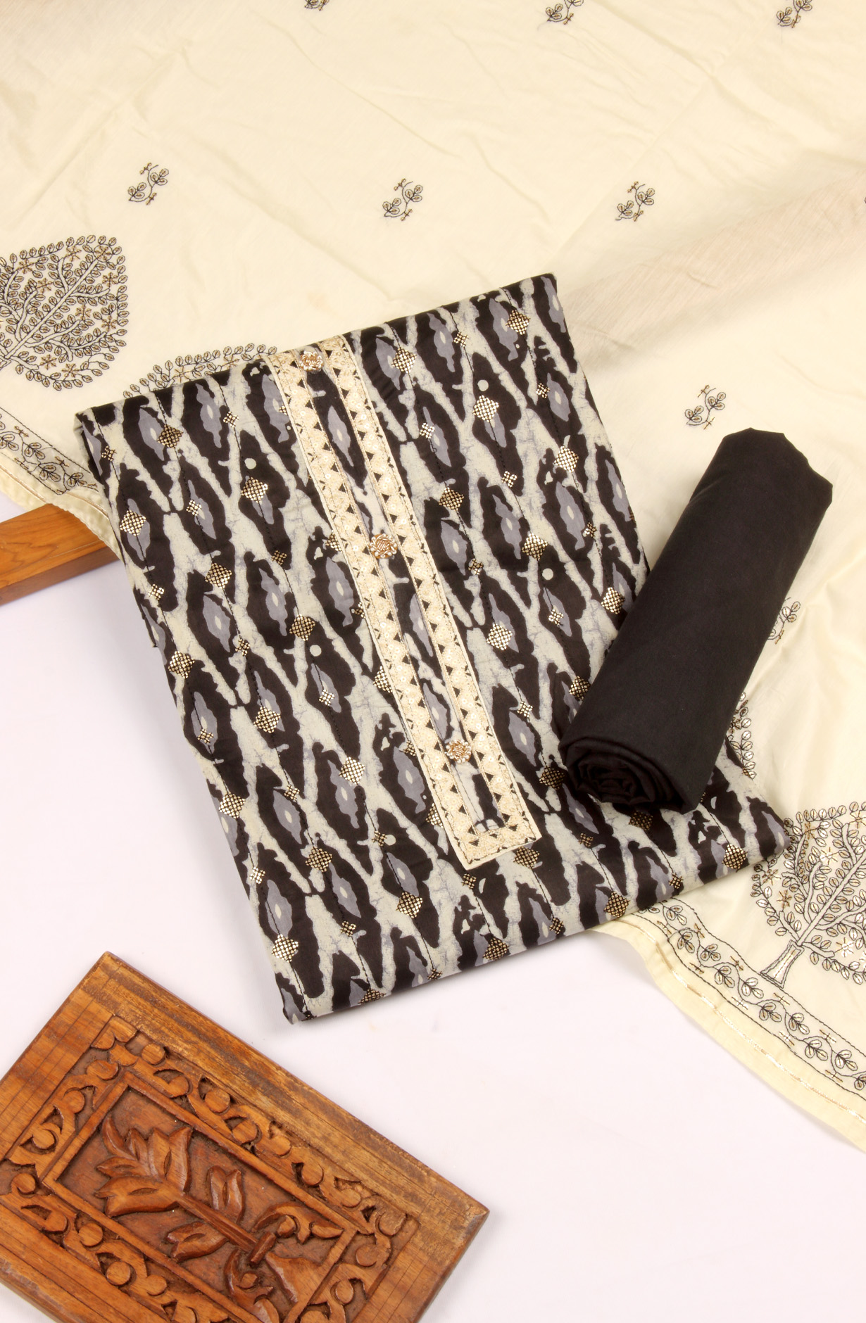 Black Cotton Unstitched Salwar Suit with Chanderi Dupatta - 959-KABIRA-6C