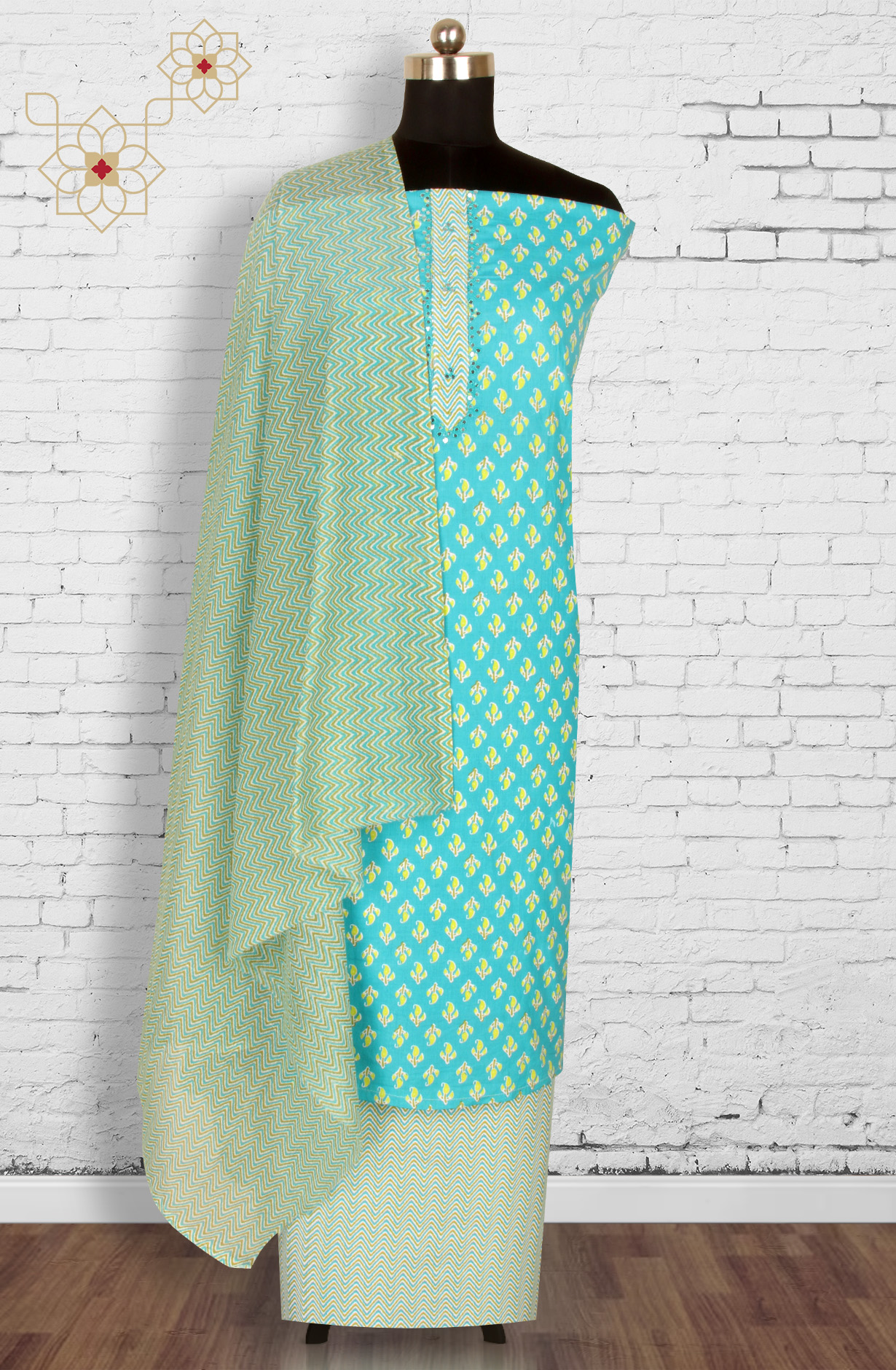 Firozi Cotton Unstitched Salwar Suit with Dupatta - 959-PARROT-A