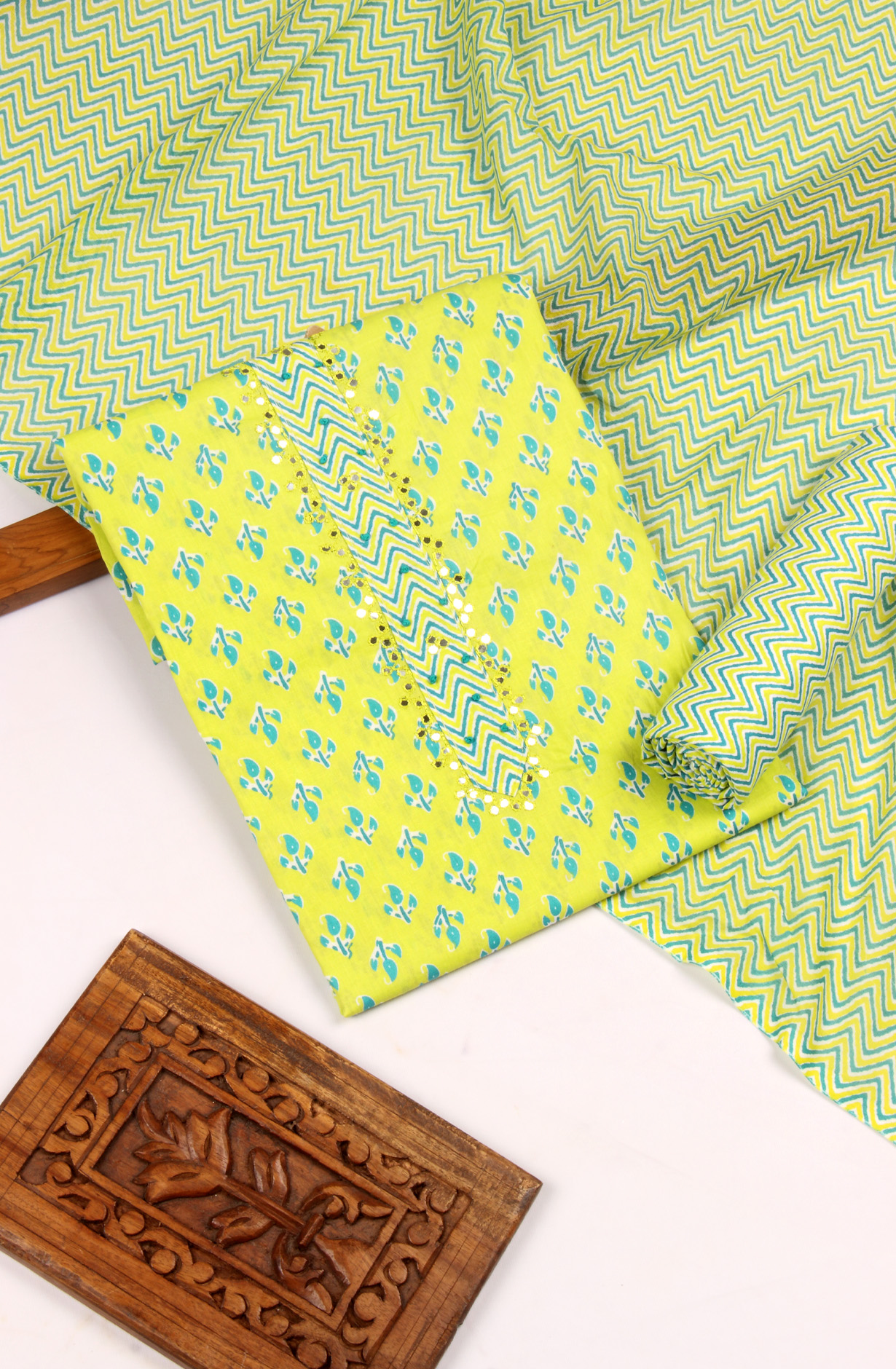 Lime Cotton Unstitched Salwar Suit with Dupatta - 959-PARROT