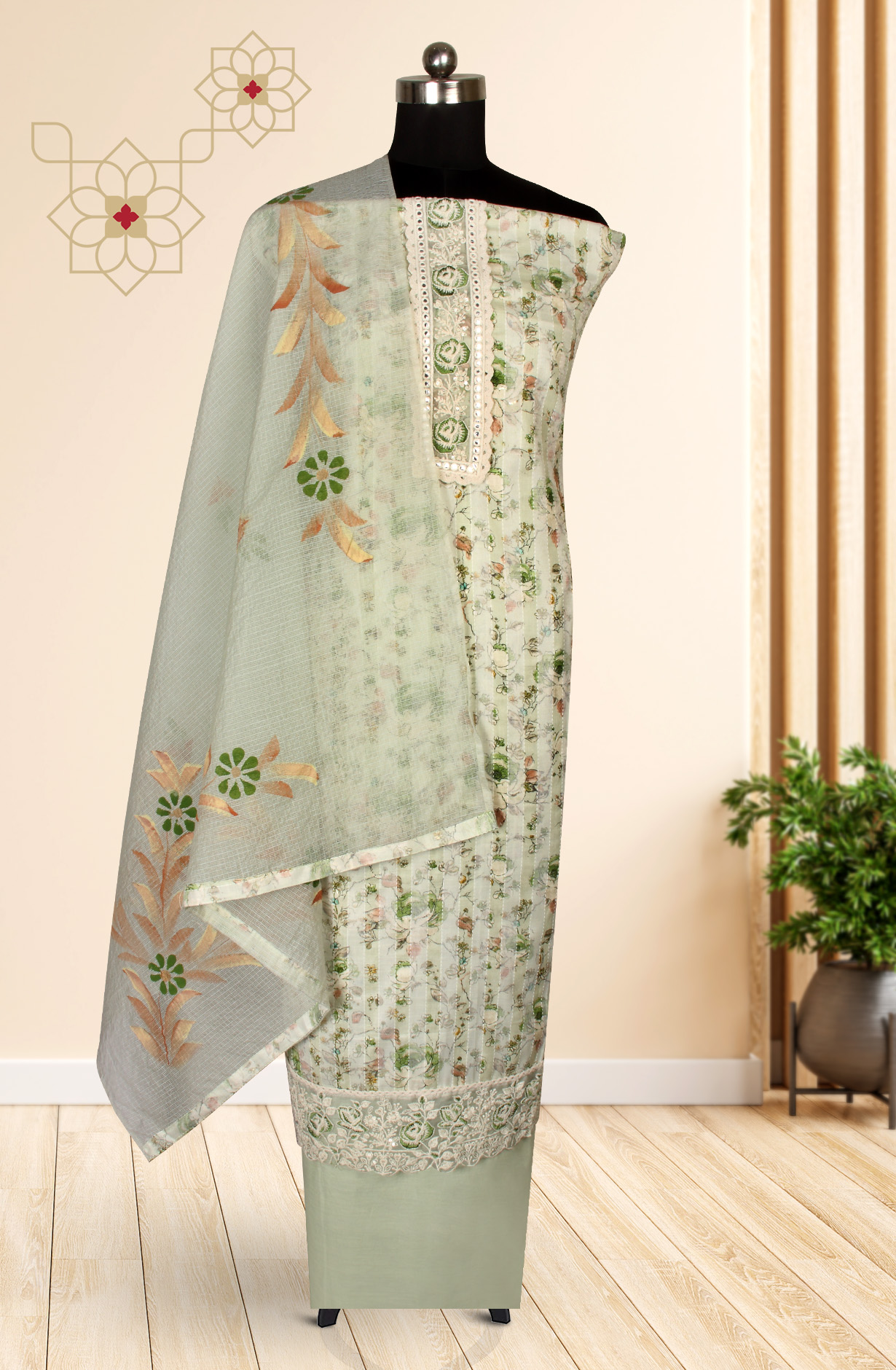 Sea Green Cotton Printed Salwar Kameez with Kota Dupatta - 959-POONAM
