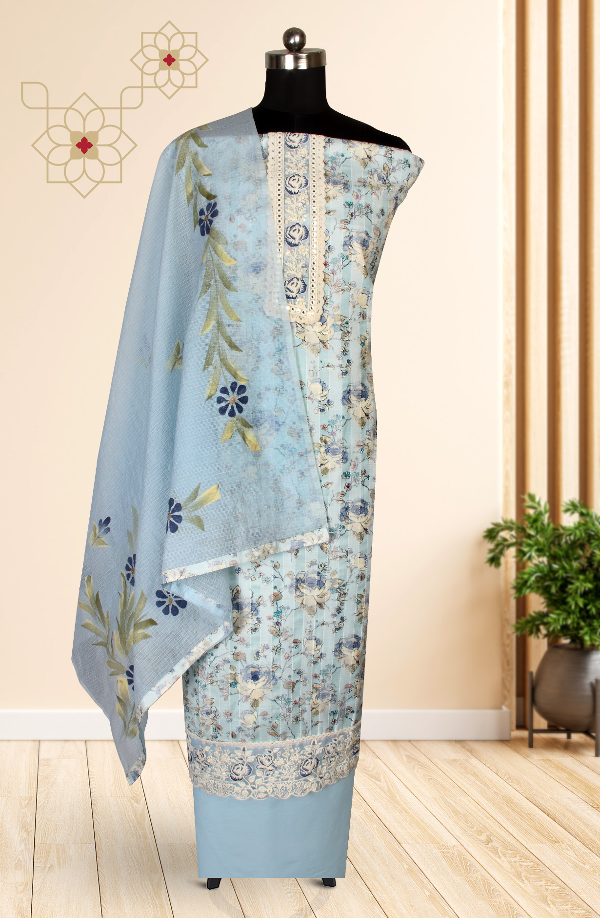 Pastel Blue Cotton Printed Salwar Kameez with Kota Dupatta - 959-POONAM-A