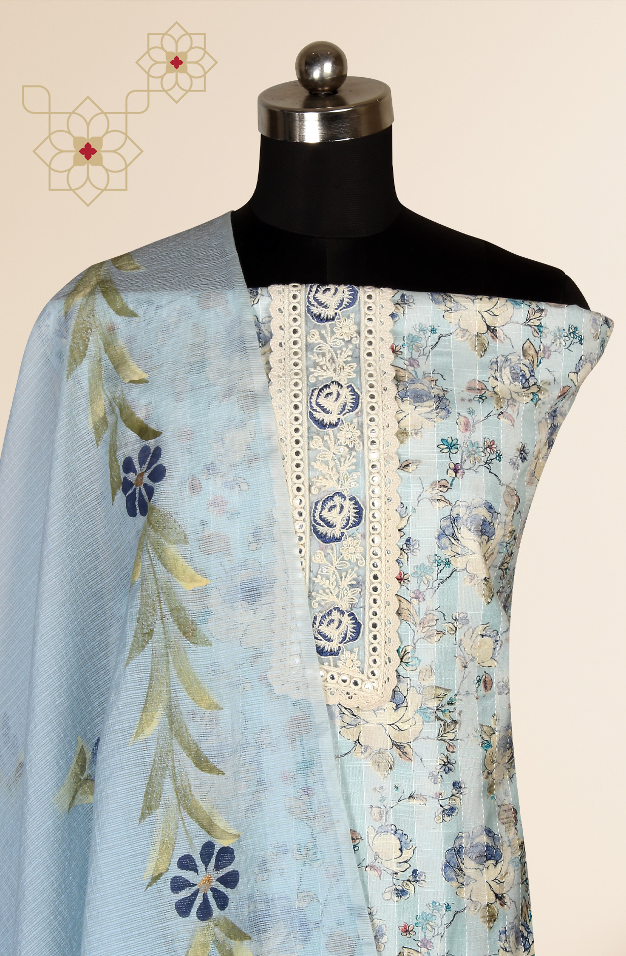 Pastel Blue Cotton Printed Salwar Kameez with Kota Dupatta - 959-POONAM-A