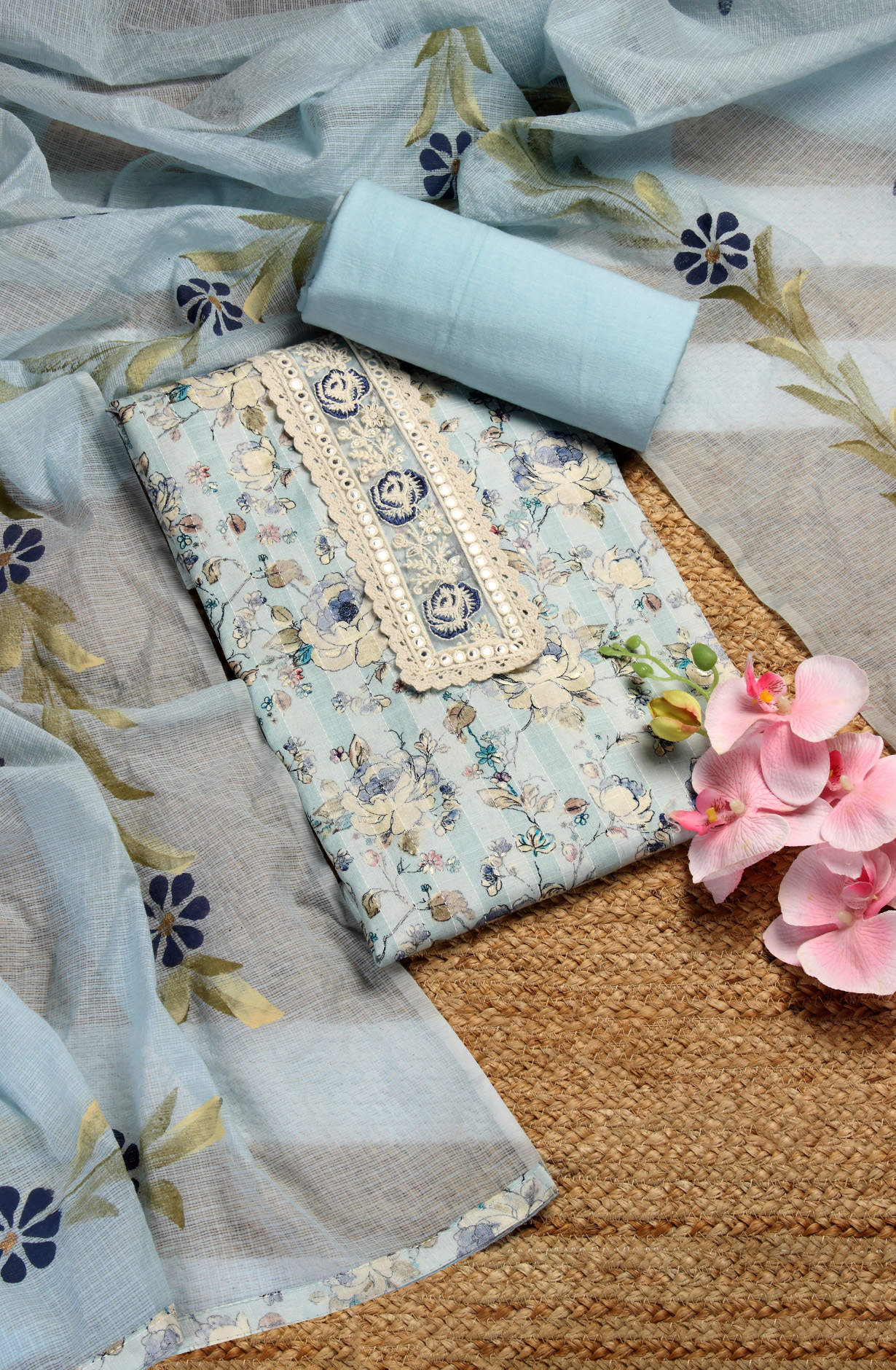 Pastel Blue Cotton Printed Salwar Kameez with Kota Dupatta - 959-POONAM-A