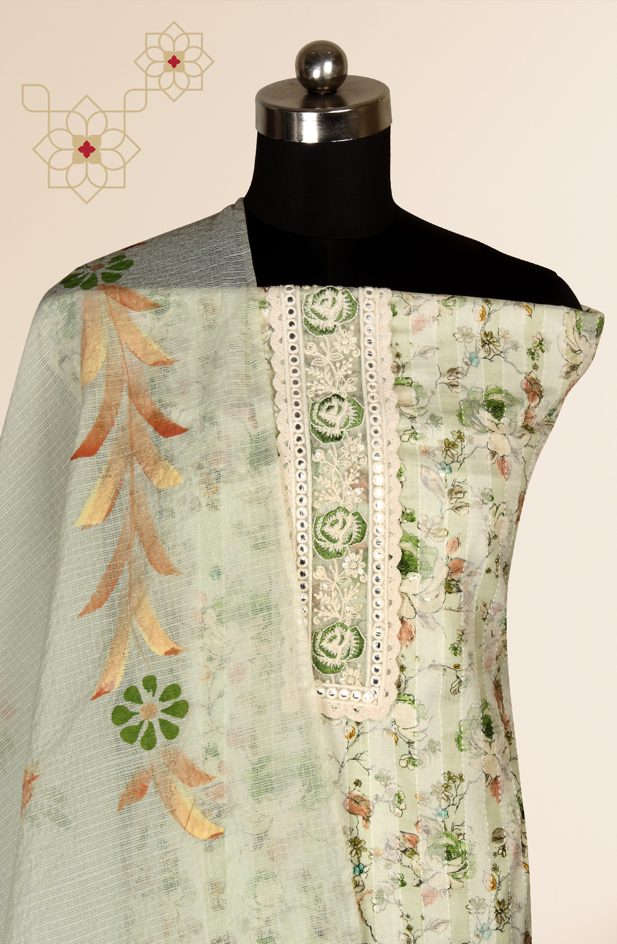 Sea Green Cotton Printed Salwar Kameez with Kota Dupatta - 959-POONAM