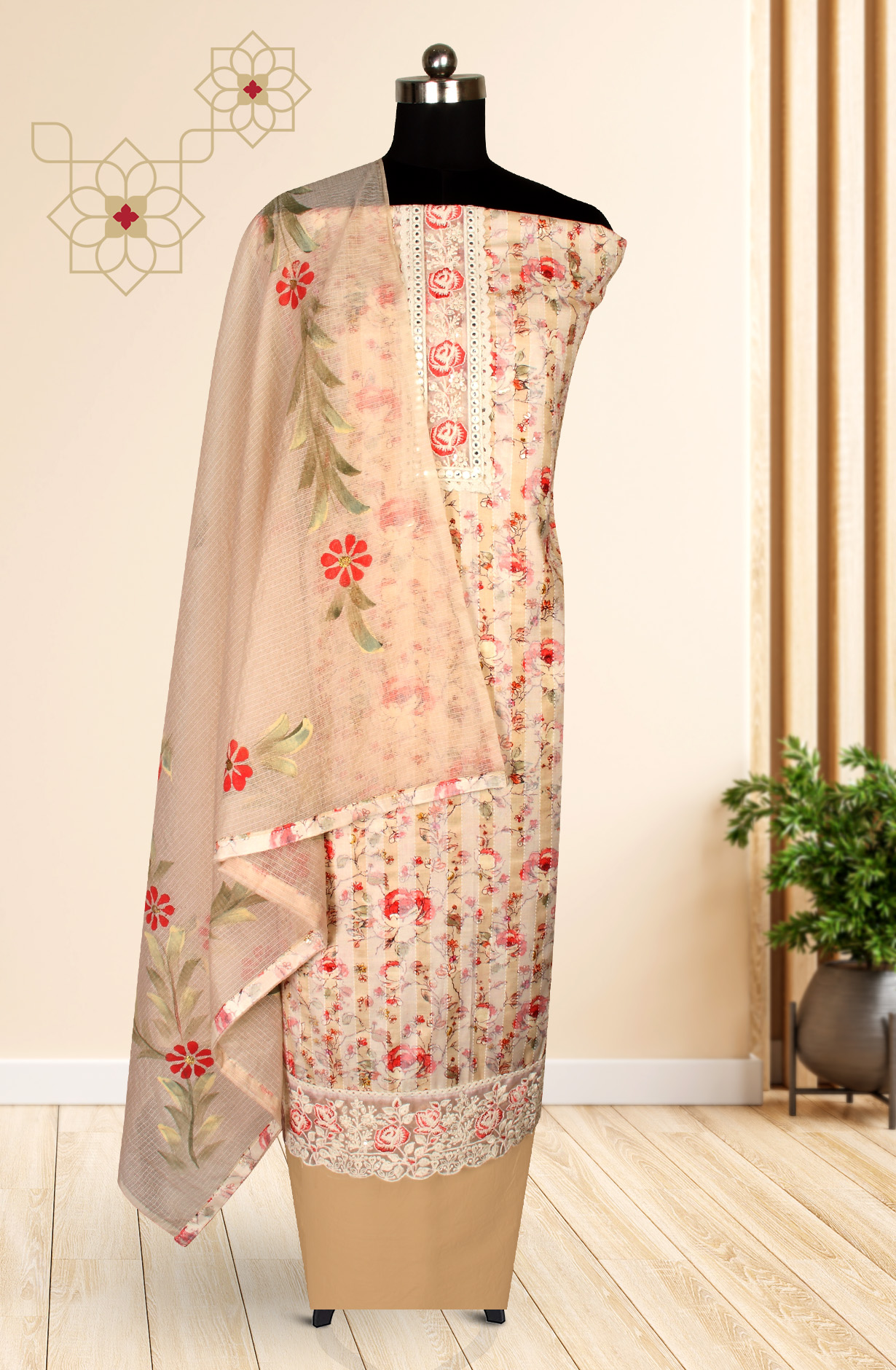 Beige Cotton Printed Salwar Kameez with Kota Dupatta - 959-POONAM-B