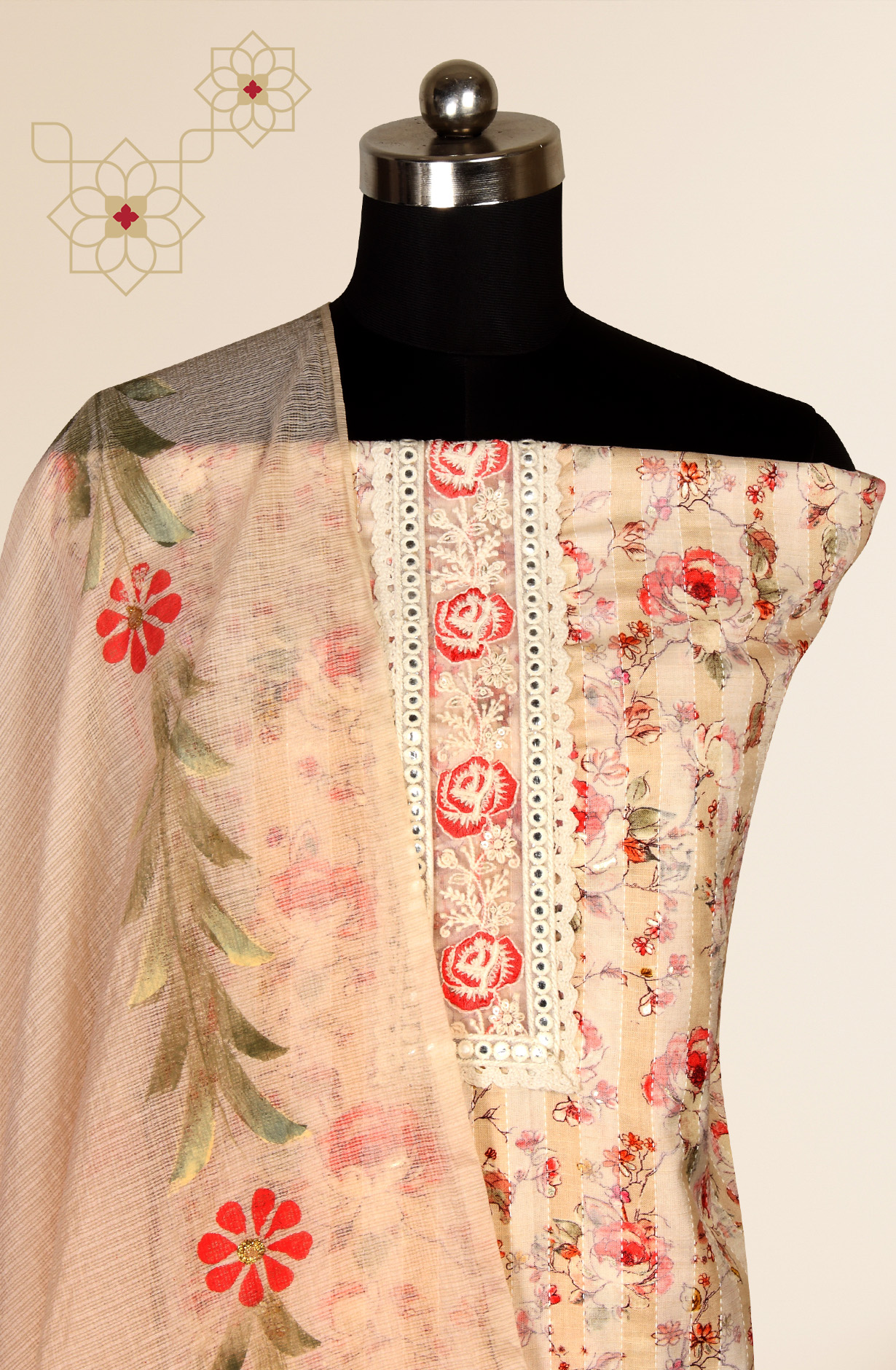 Beige Cotton Printed Salwar Kameez with Kota Dupatta - 959-POONAM-B