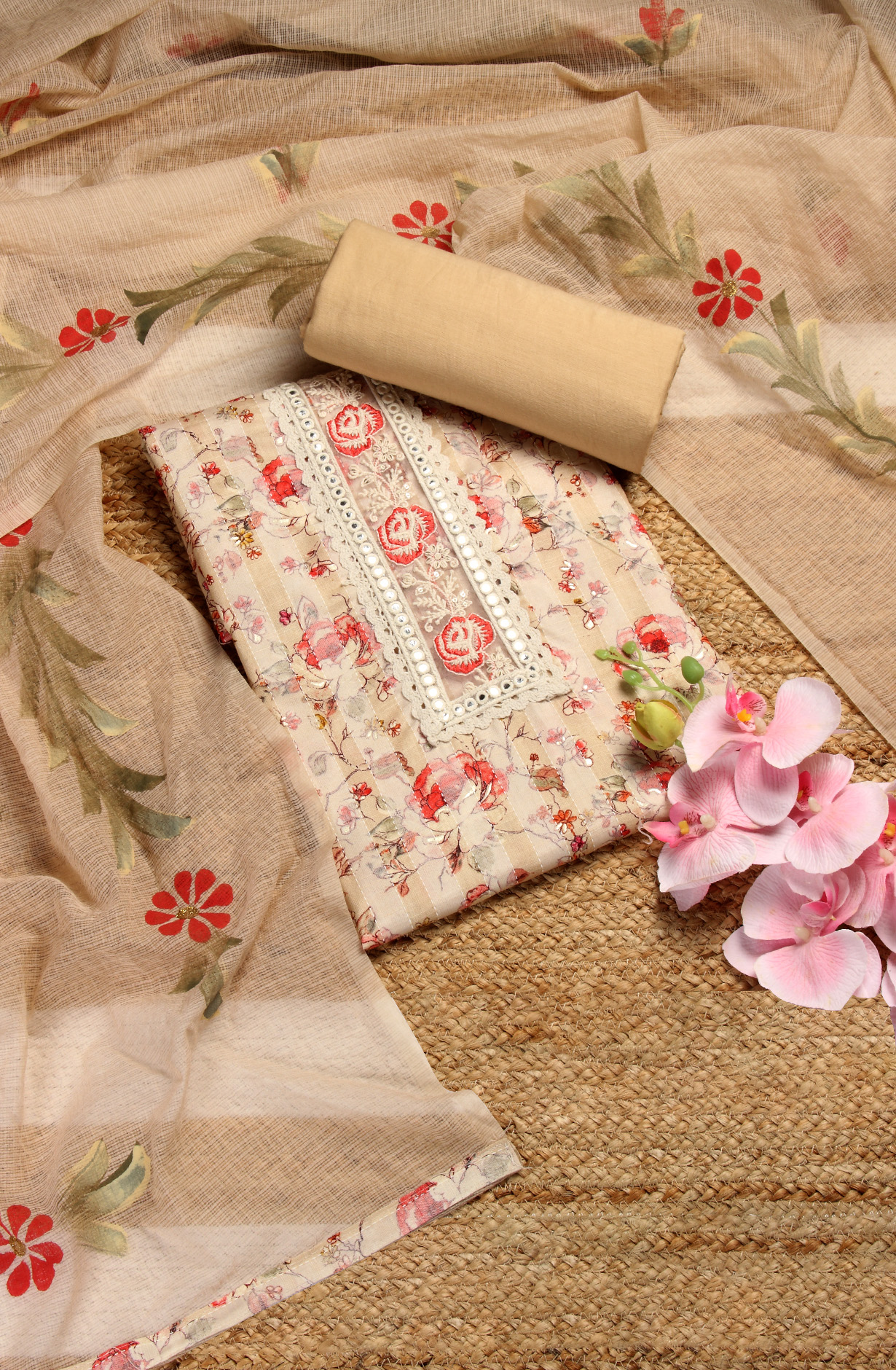 Beige Cotton Printed Salwar Kameez with Kota Dupatta - 959-POONAM-B