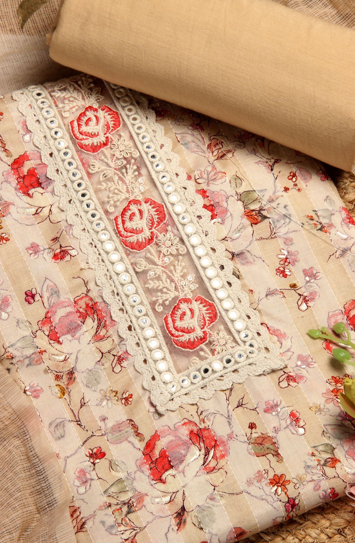 Beige Cotton Printed Salwar Kameez with Kota Dupatta - 959-POONAM-B