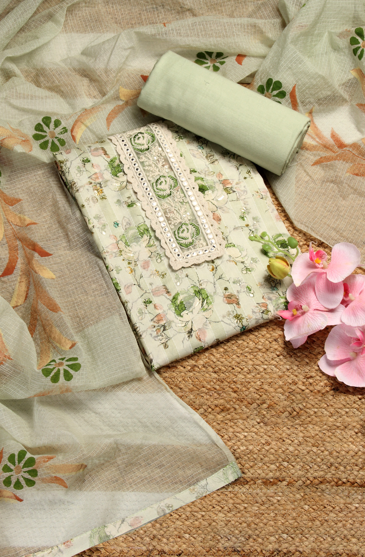 Sea Green Cotton Printed Salwar Kameez with Kota Dupatta - 959-POONAM