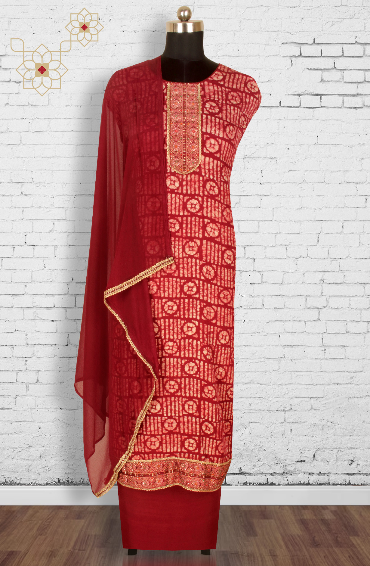 Maroon Cotton Unstitched Salwar Suit with Chiffon Dupatta - 959-SATINBATIQ