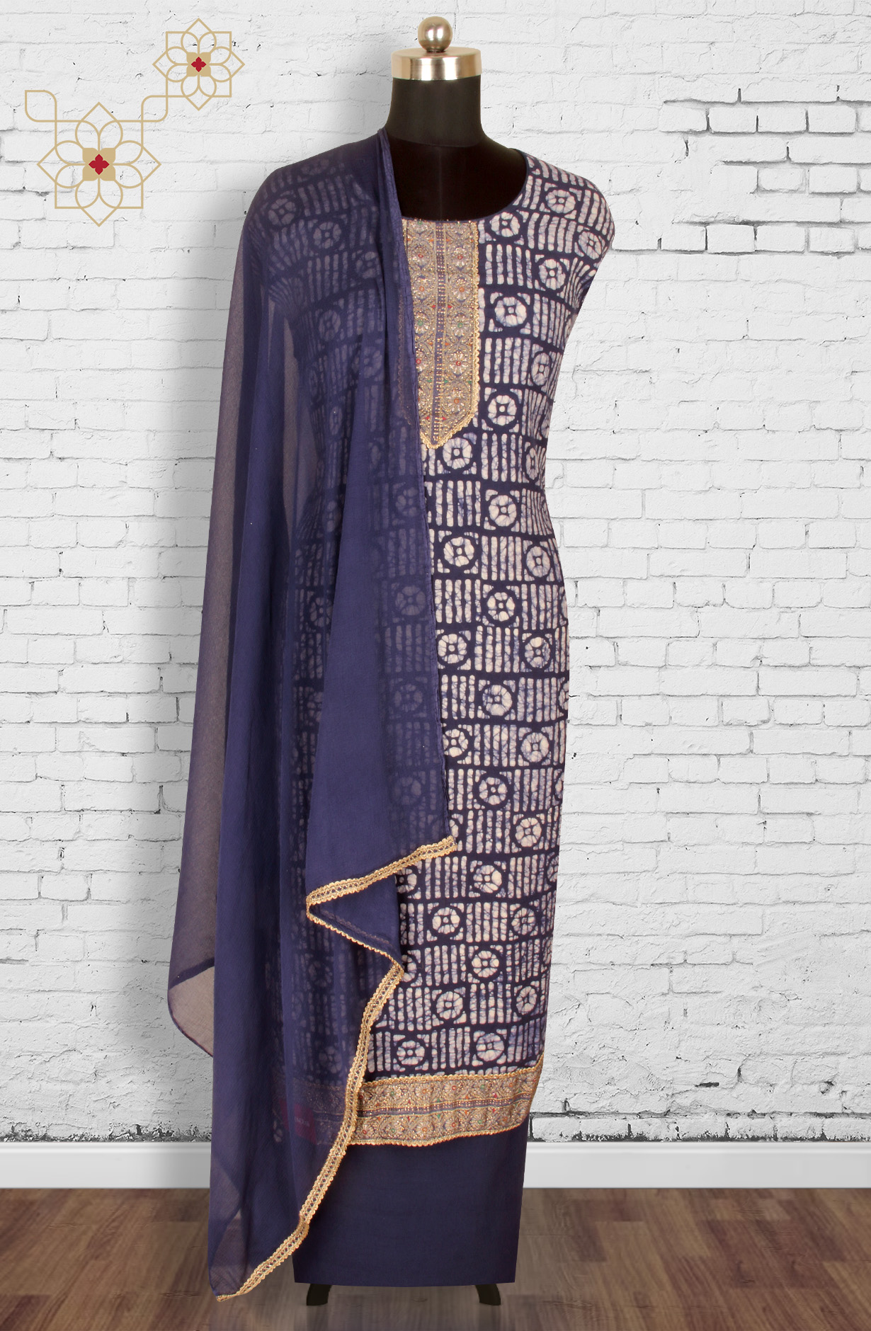 Indigo Blue Cotton Unstitched Salwar Suit with Chiffon Dupatta - 959-SATINBATIQ-A
