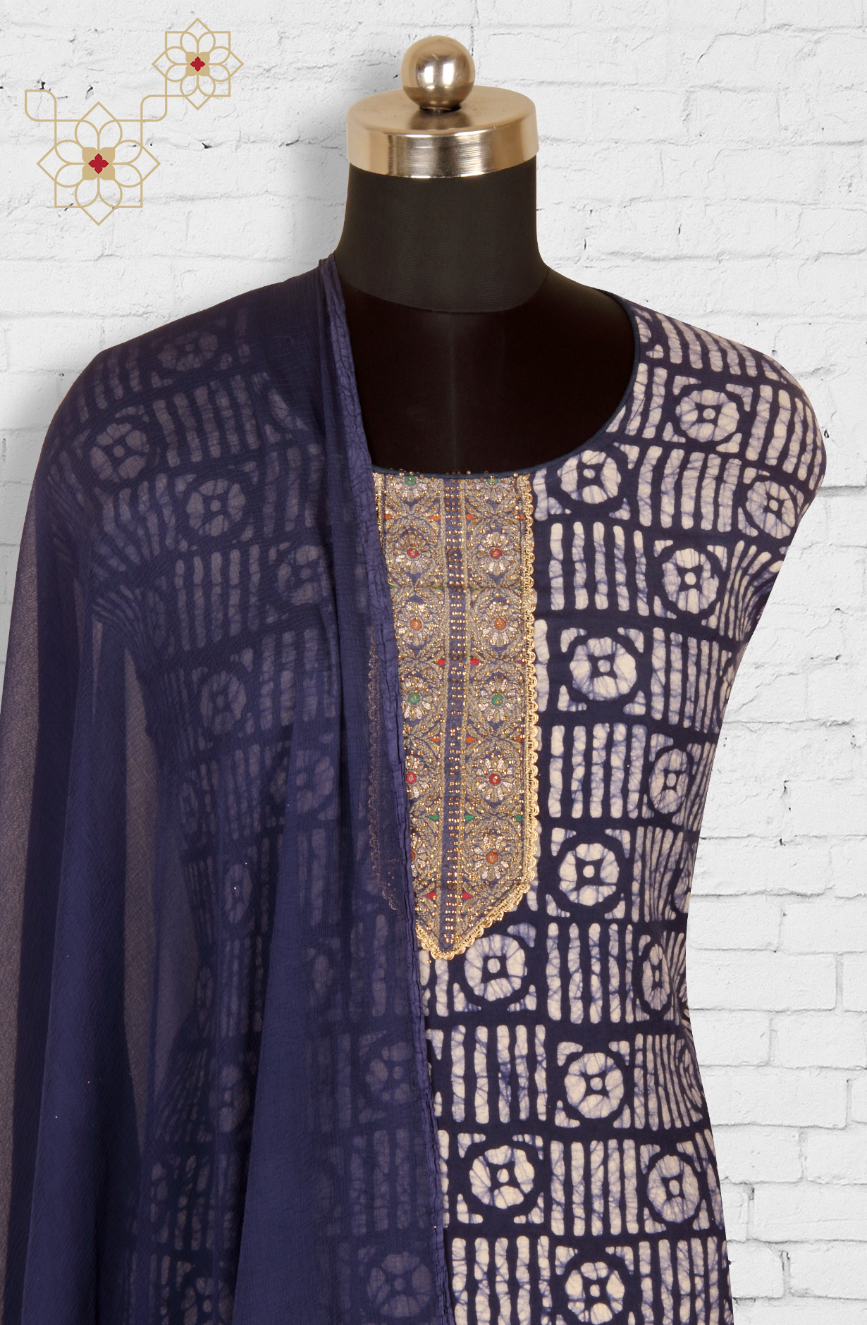 Indigo Blue Cotton Unstitched Salwar Suit with Chiffon Dupatta - 959-SATINBATIQ-A