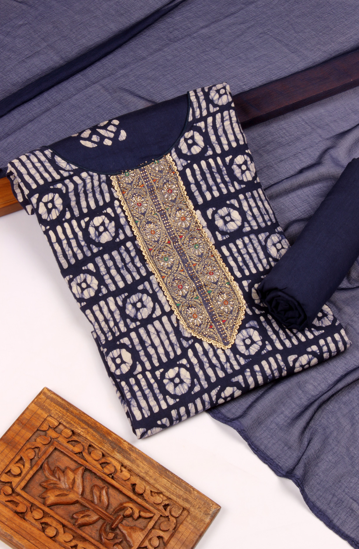 Indigo Blue Cotton Unstitched Salwar Suit with Chiffon Dupatta - 959-SATINBATIQ-A