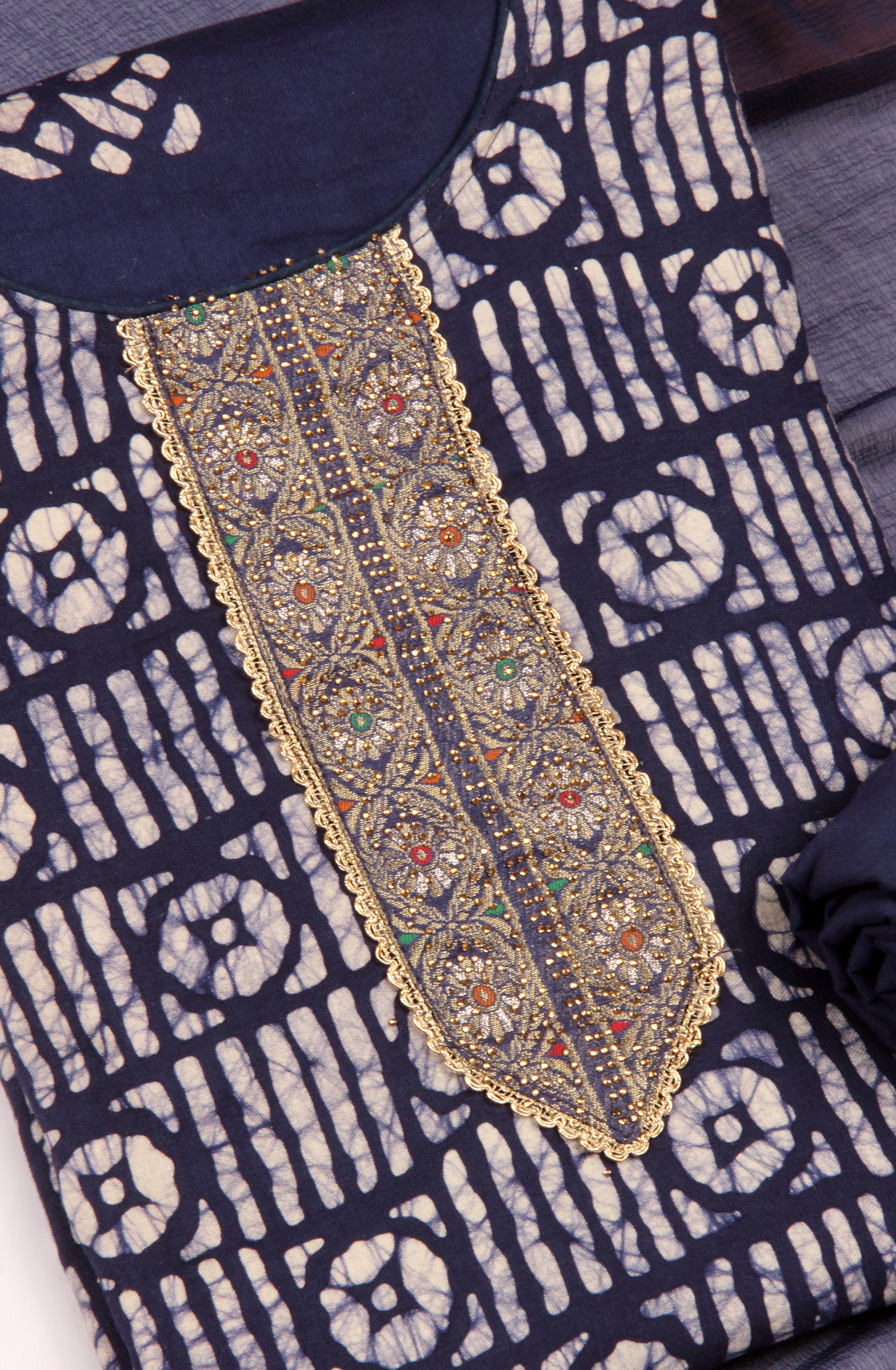 Indigo Blue Cotton Unstitched Salwar Suit with Chiffon Dupatta - 959-SATINBATIQ-A