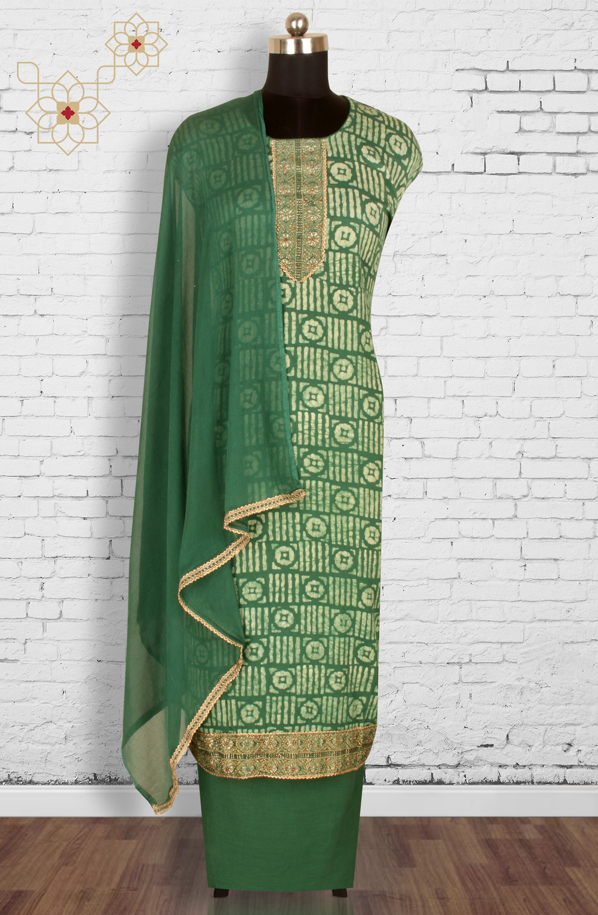 Bottle Green Cotton Unstitched Salwar Suit with Chiffon Dupatta - 959-SATINBATIQ-B