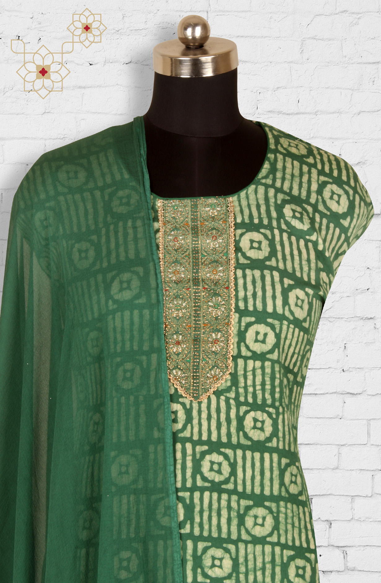 Bottle Green Cotton Unstitched Salwar Suit with Chiffon Dupatta - 959-SATINBATIQ-B