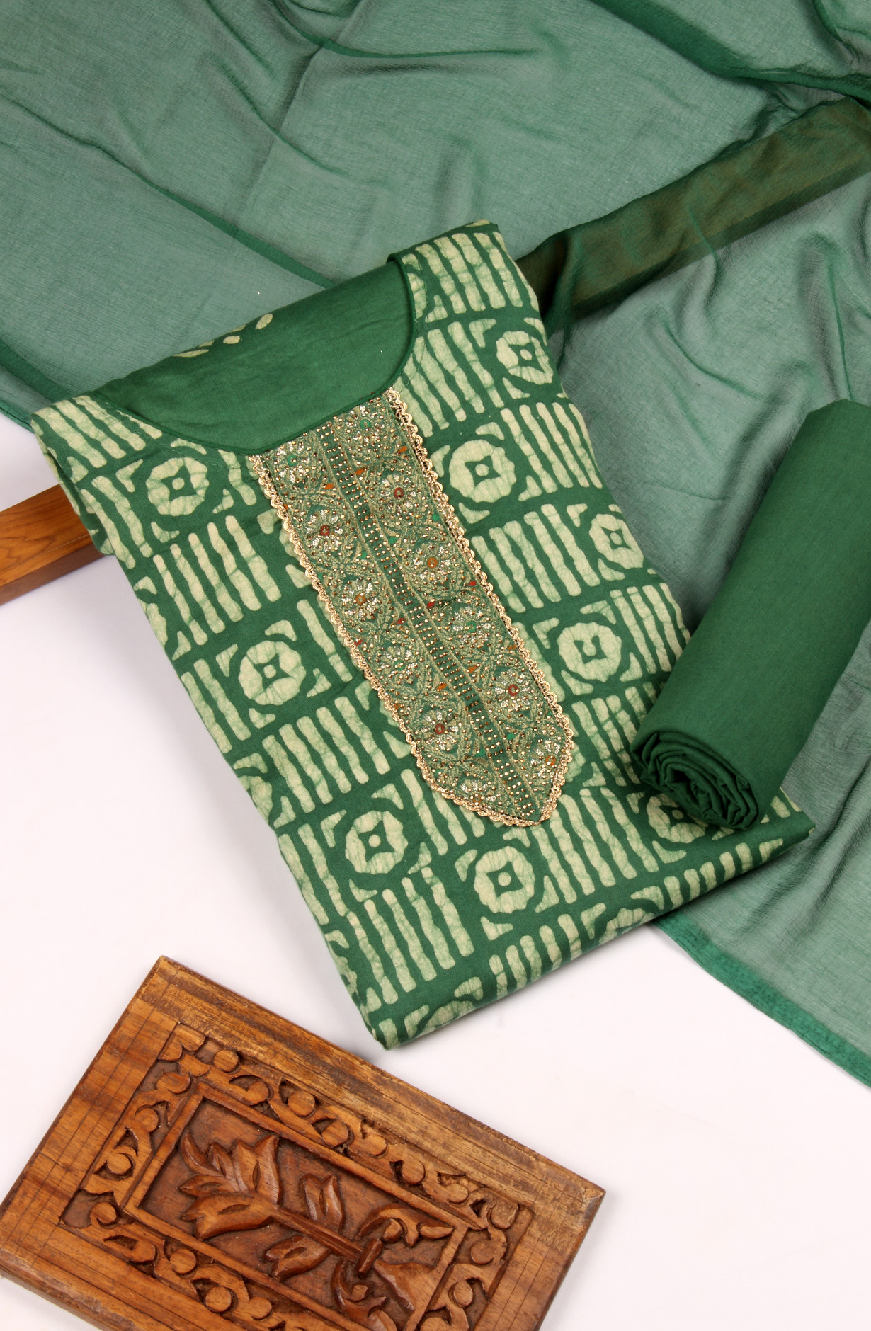 Bottle Green Cotton Unstitched Salwar Suit with Chiffon Dupatta - 959-SATINBATIQ-B
