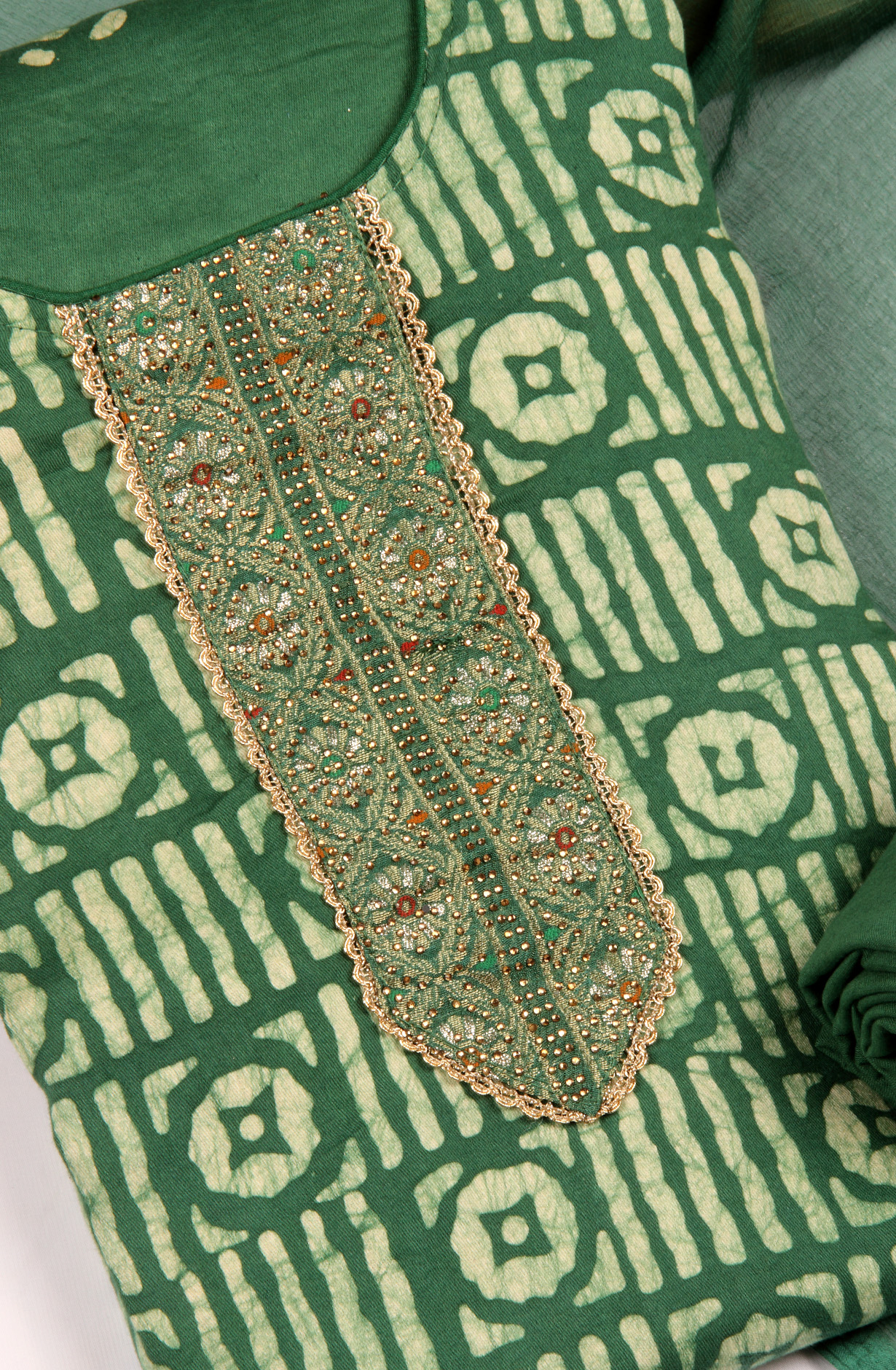 Bottle Green Cotton Unstitched Salwar Suit with Chiffon Dupatta - 959-SATINBATIQ-B