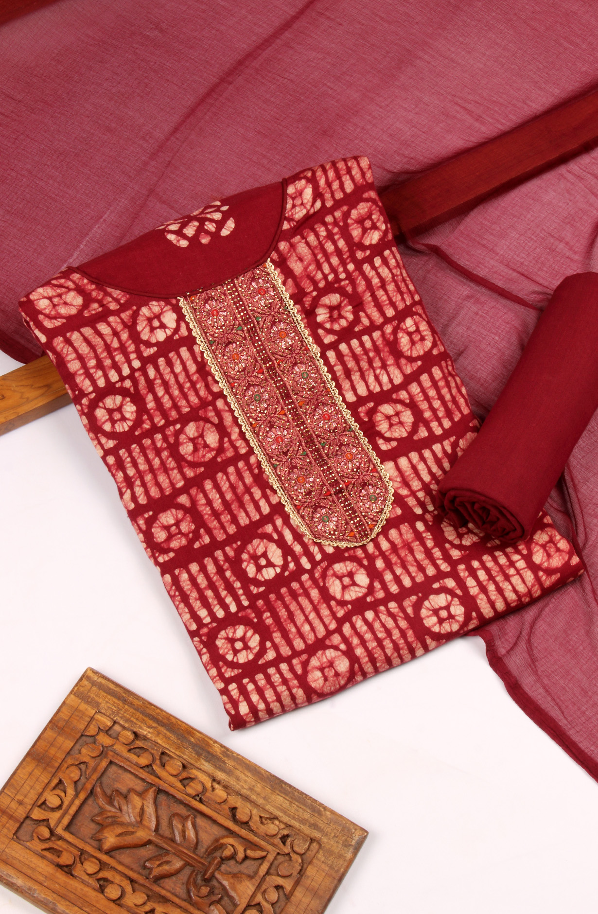 Maroon Cotton Unstitched Salwar Suit with Chiffon Dupatta - 959-SATINBATIQ