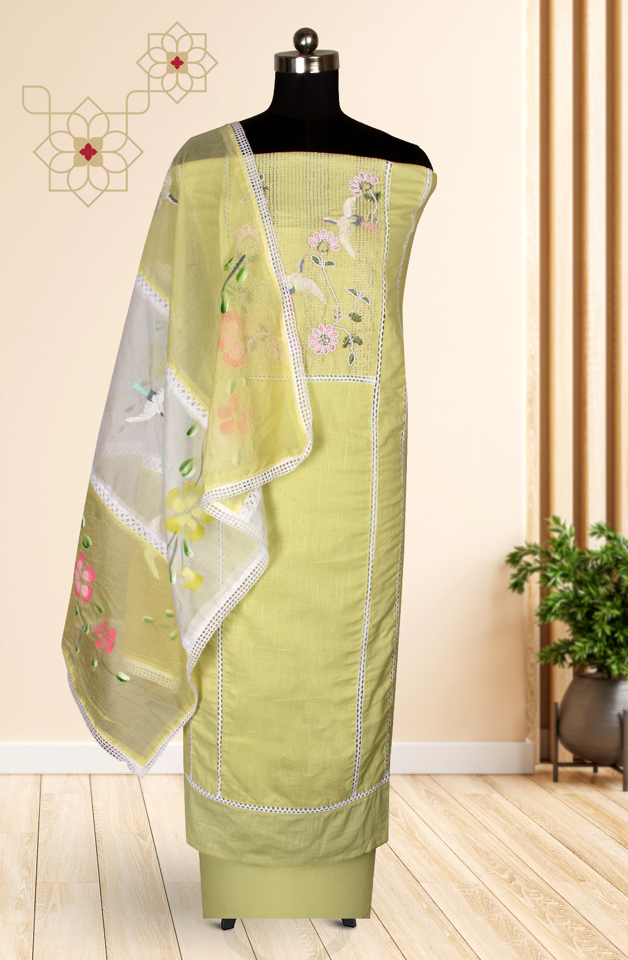 Parrot Green Cotton Lace Work Salwar Suit with Beautiful Dupatta - 959-SWAN