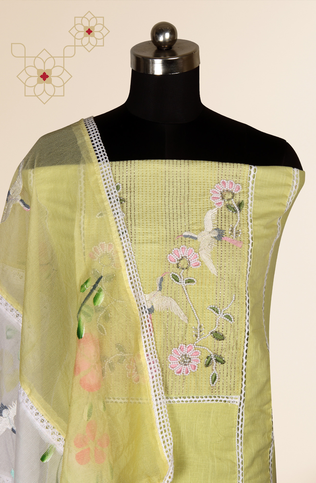 Parrot Green Cotton Lace Work Salwar Suit with Beautiful Dupatta - 959-SWAN