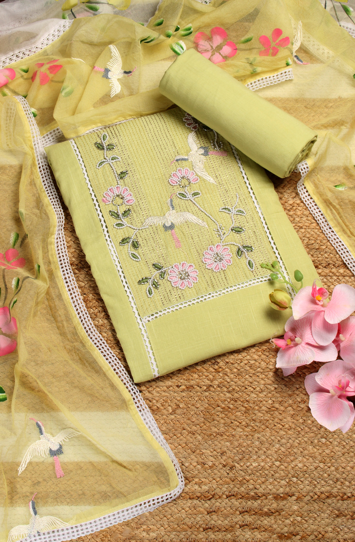 Parrot Green Cotton Lace Work Salwar Suit with Beautiful Dupatta - 959-SWAN