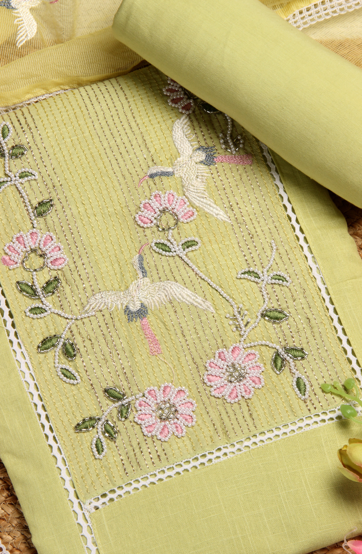 Parrot Green Cotton Lace Work Salwar Suit with Beautiful Dupatta - 959-SWAN