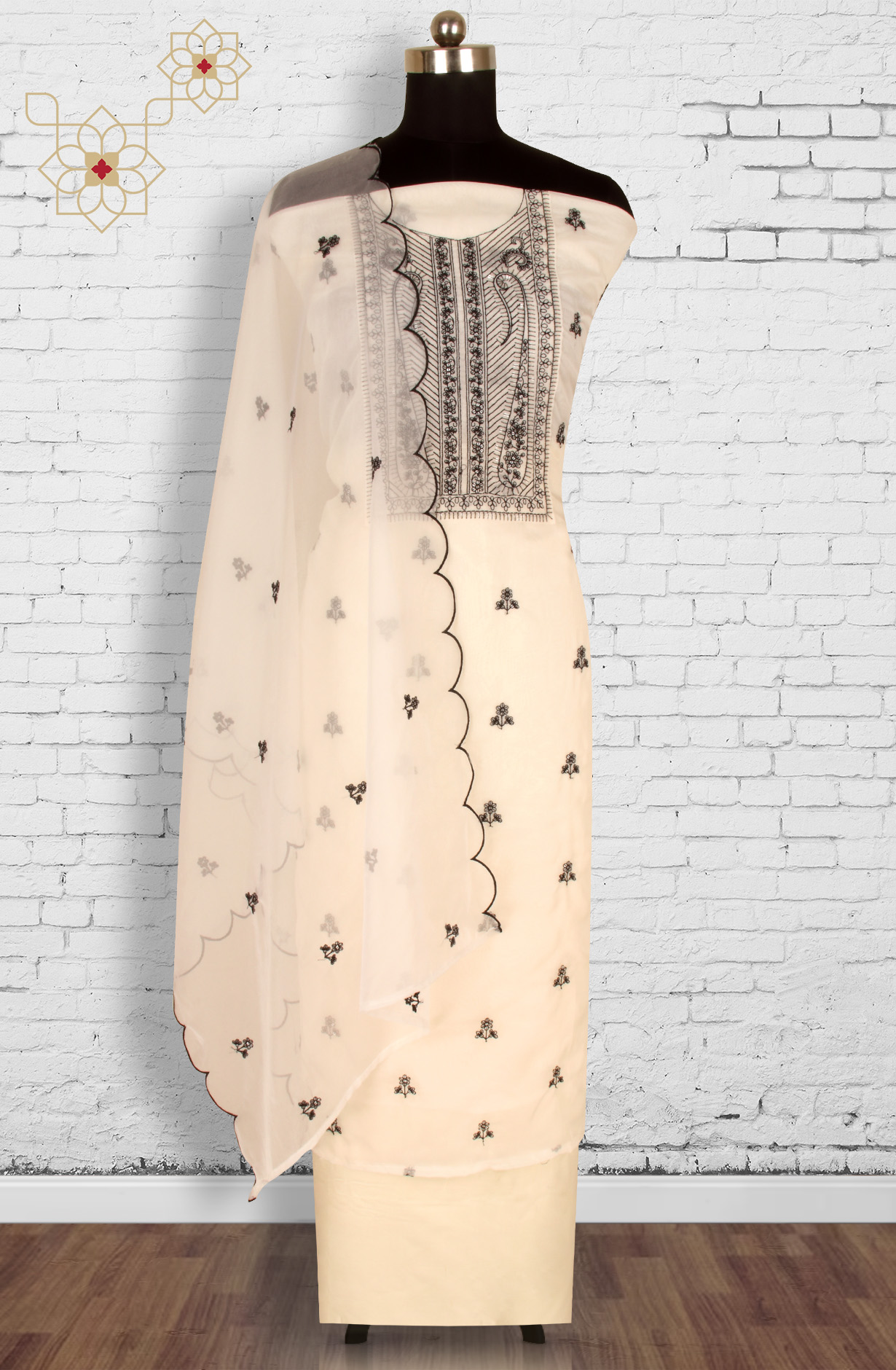 Cream Organza Beautiful Embroidered Unstitched Salwar Kameez - 959-VARDHMAN-A