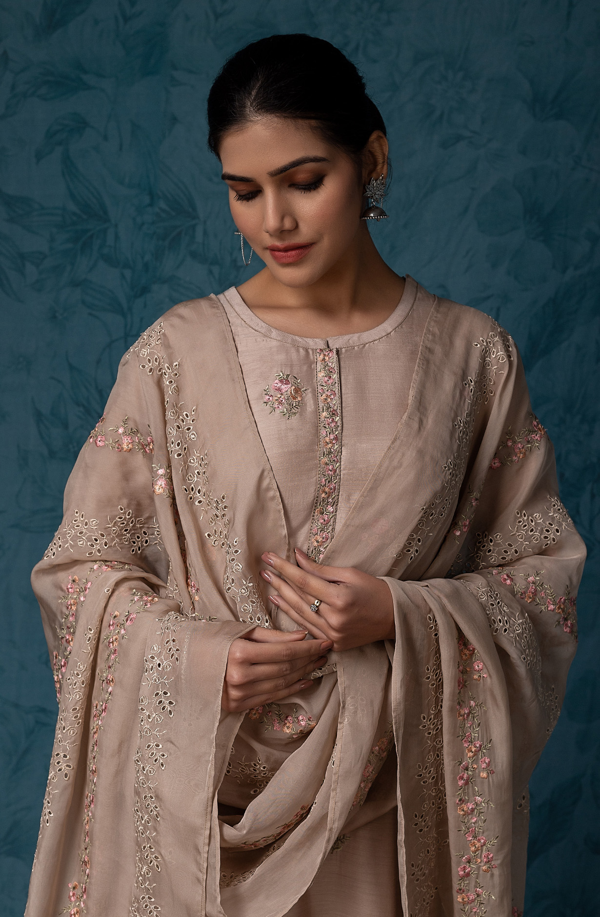 Beige Beautiful Muslin Embroidered Salwar Kameez with Organza Dupatta - GAR1870A