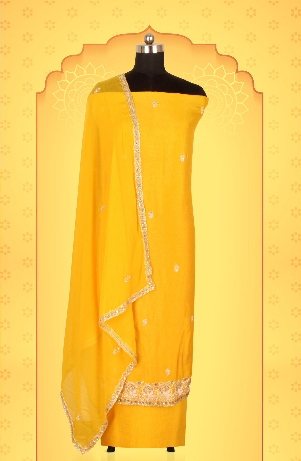 Mustard Yellow Karwa Chauth Special Designer Silk Salwar Kameez with Organza Dupatta - 969-3485