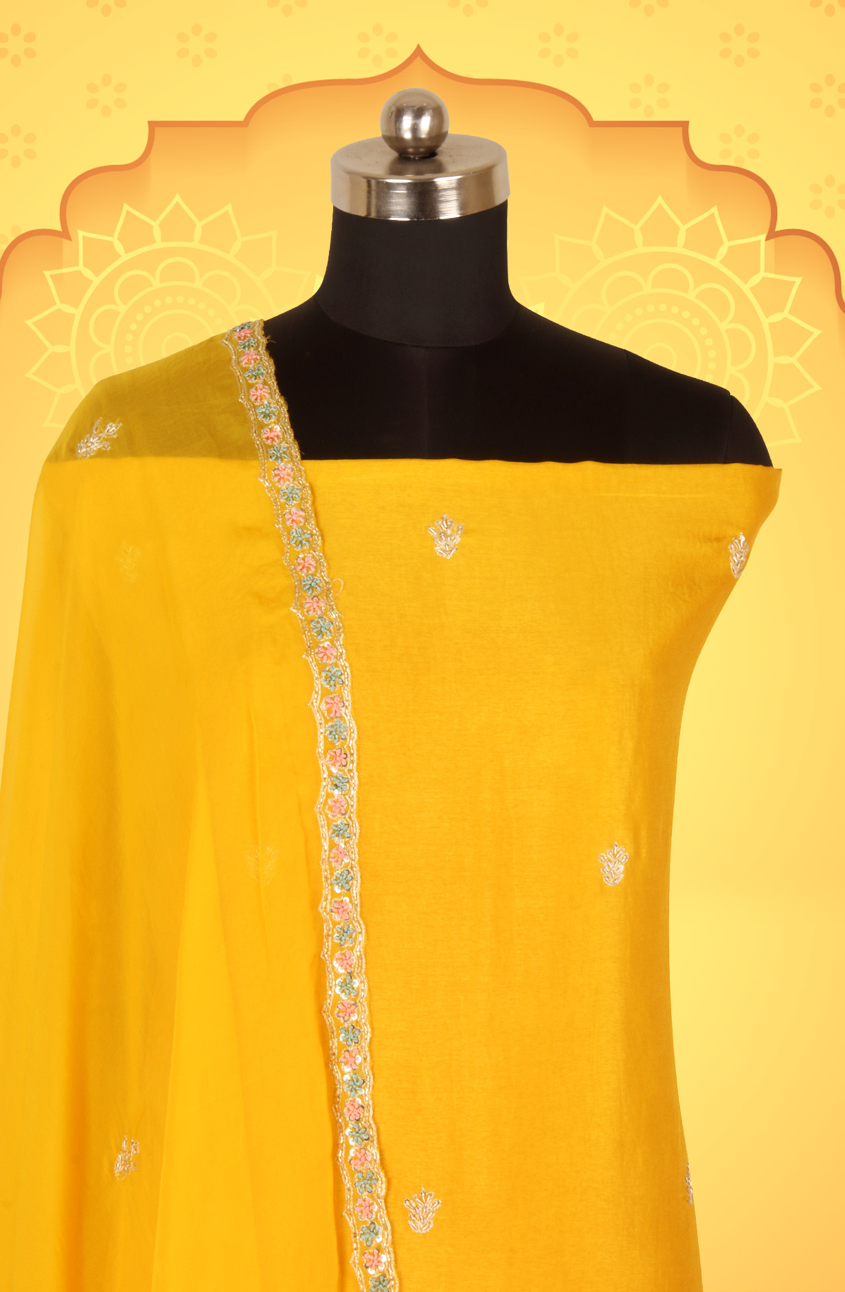Mustard Yellow Karwa Chauth Special Designer Silk Salwar Kameez with Organza Dupatta - 969-3485