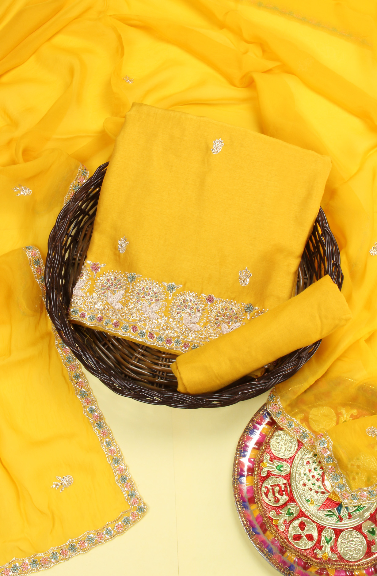 Mustard Yellow Karwa Chauth Special Designer Silk Salwar Kameez with Organza Dupatta - 969-3485