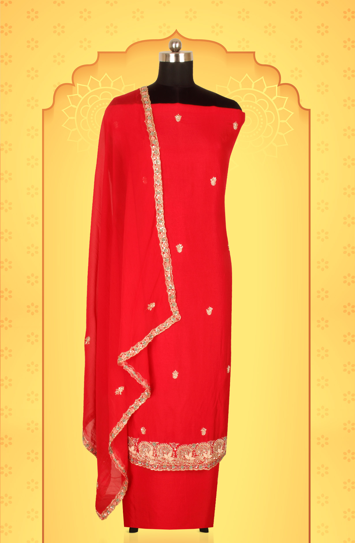 Red Karwa Chauth Special Designer Silk Salwar Kameez with Organza Dupatta - 969-3485C