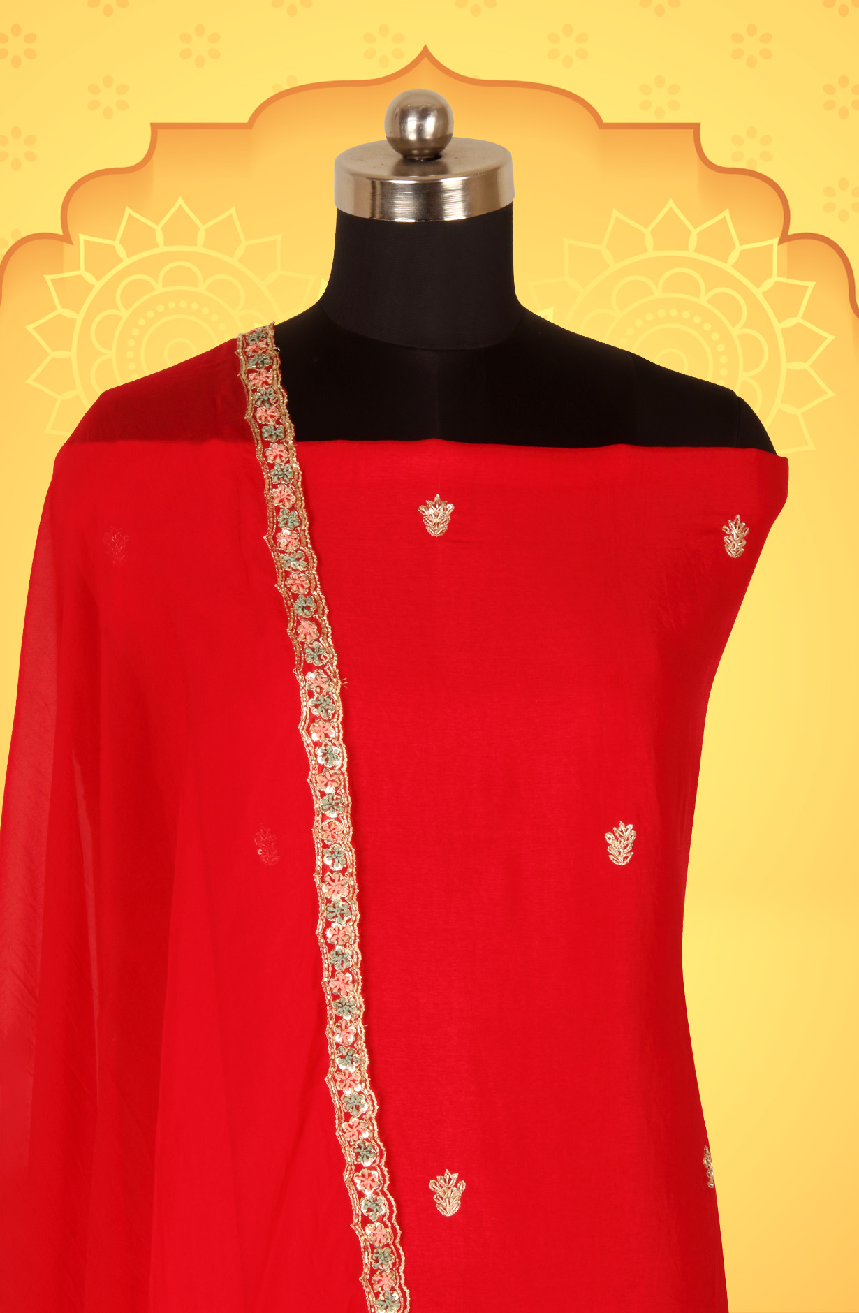 Red Karwa Chauth Special Designer Silk Salwar Kameez with Organza Dupatta - 969-3485C