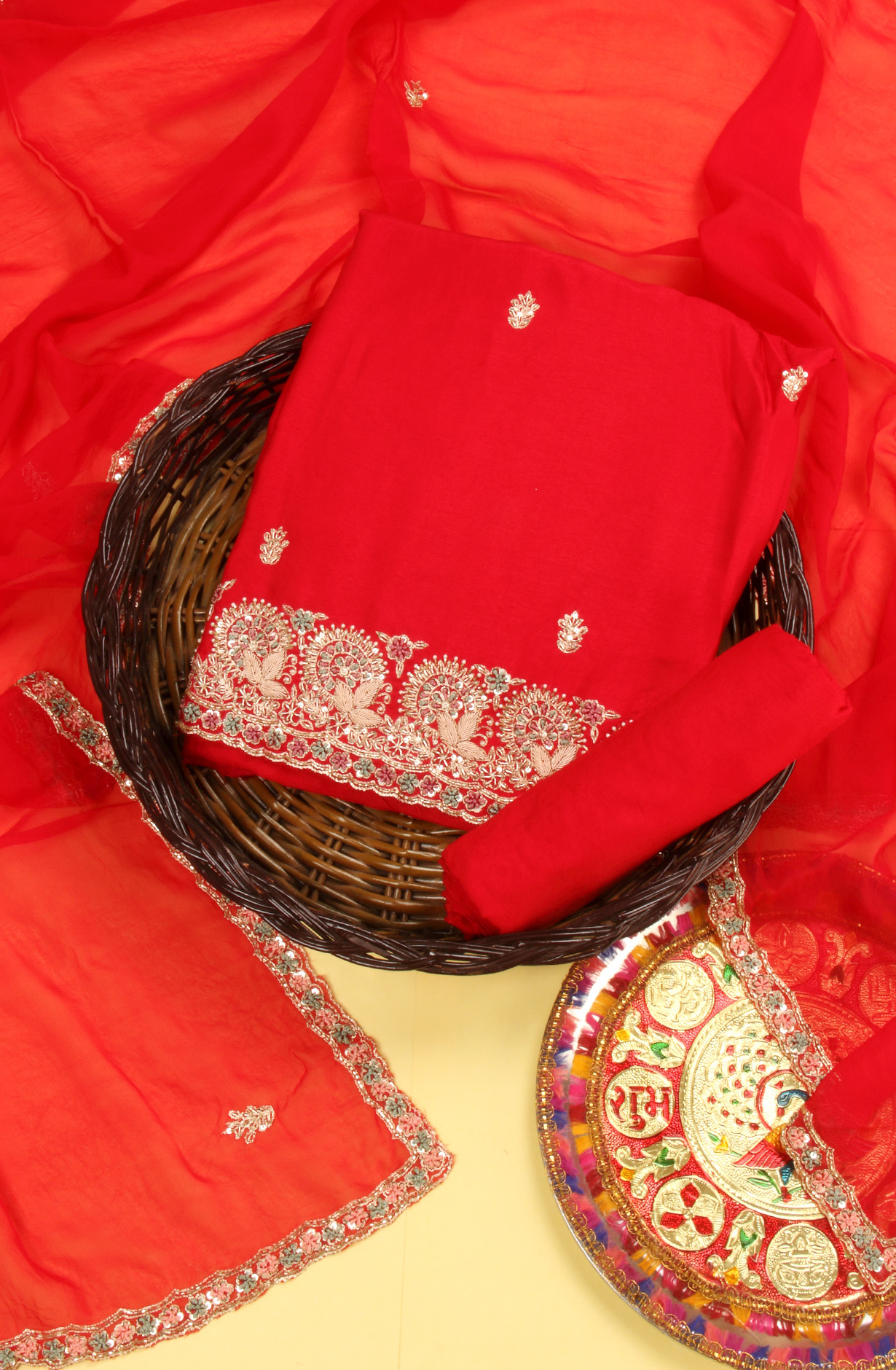 Red Karwa Chauth Special Designer Silk Salwar Kameez with Organza Dupatta - 969-3485C