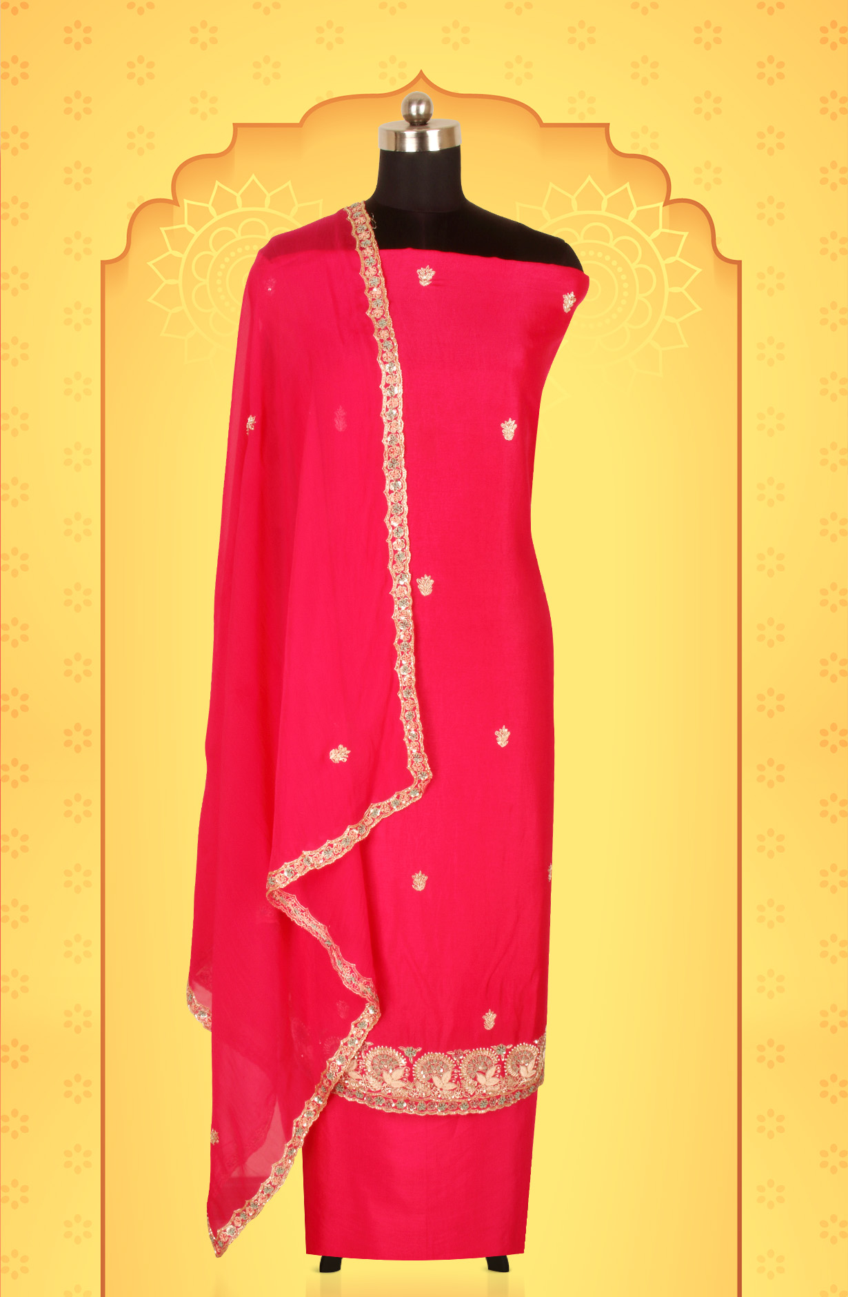 Rani Pink Karwa Chauth Special Designer Silk Salwar Kameez with Organza Dupatta - 969-3485D