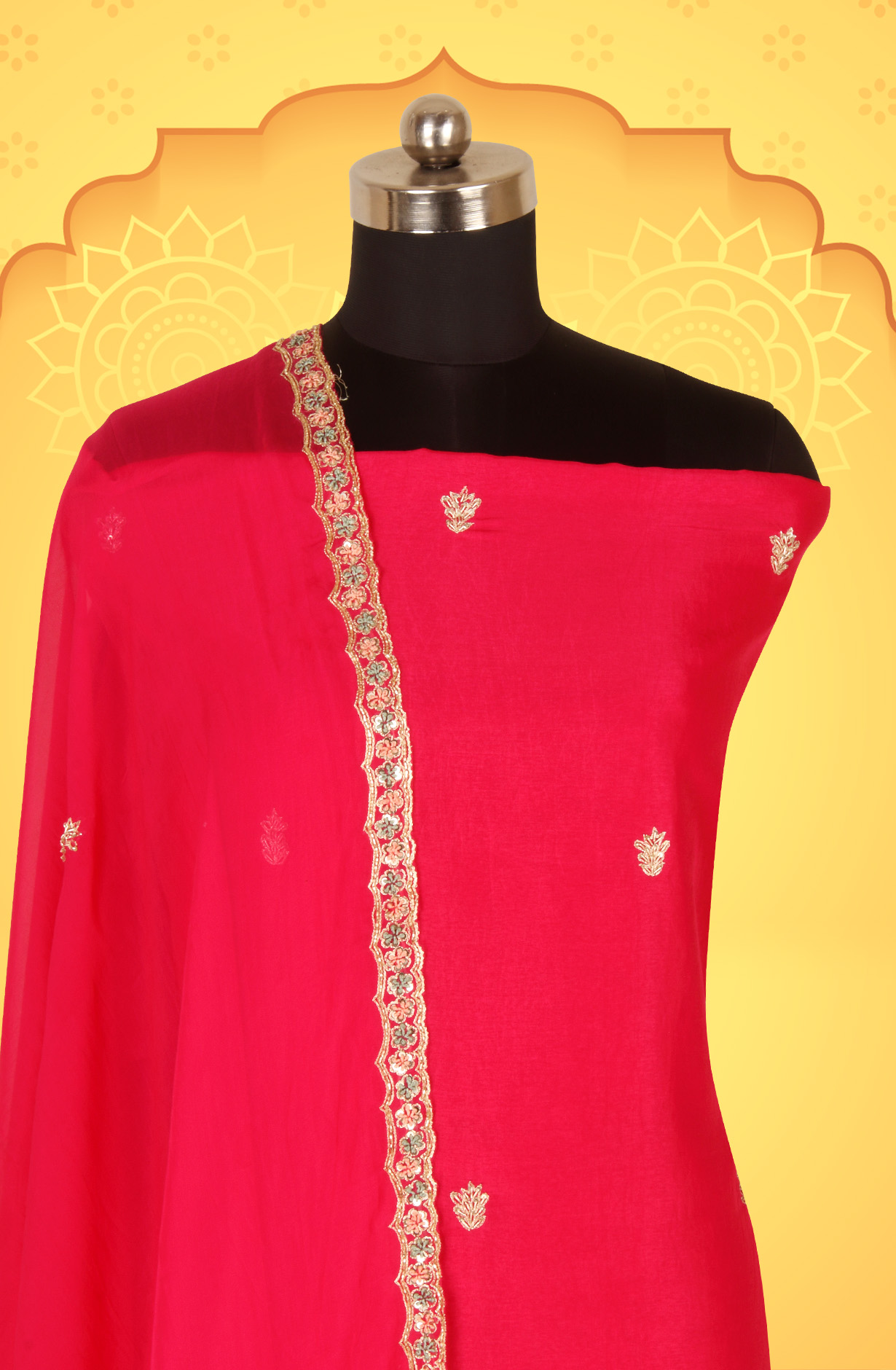 Rani Pink Karwa Chauth Special Designer Silk Salwar Kameez with Organza Dupatta - 969-3485D