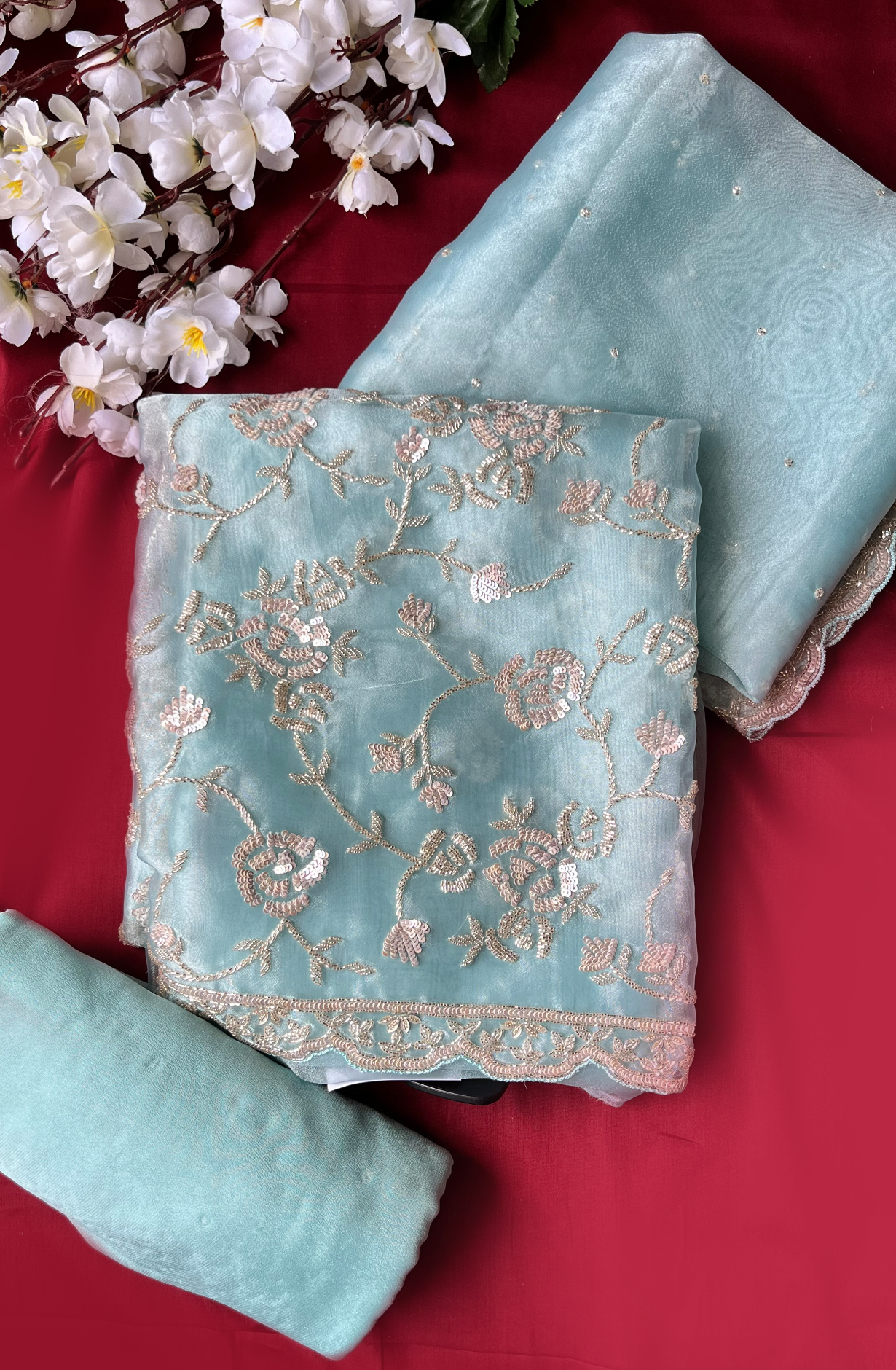 Sky Blue Organza Designer Partywear Salwar Kameez - 969-3712B