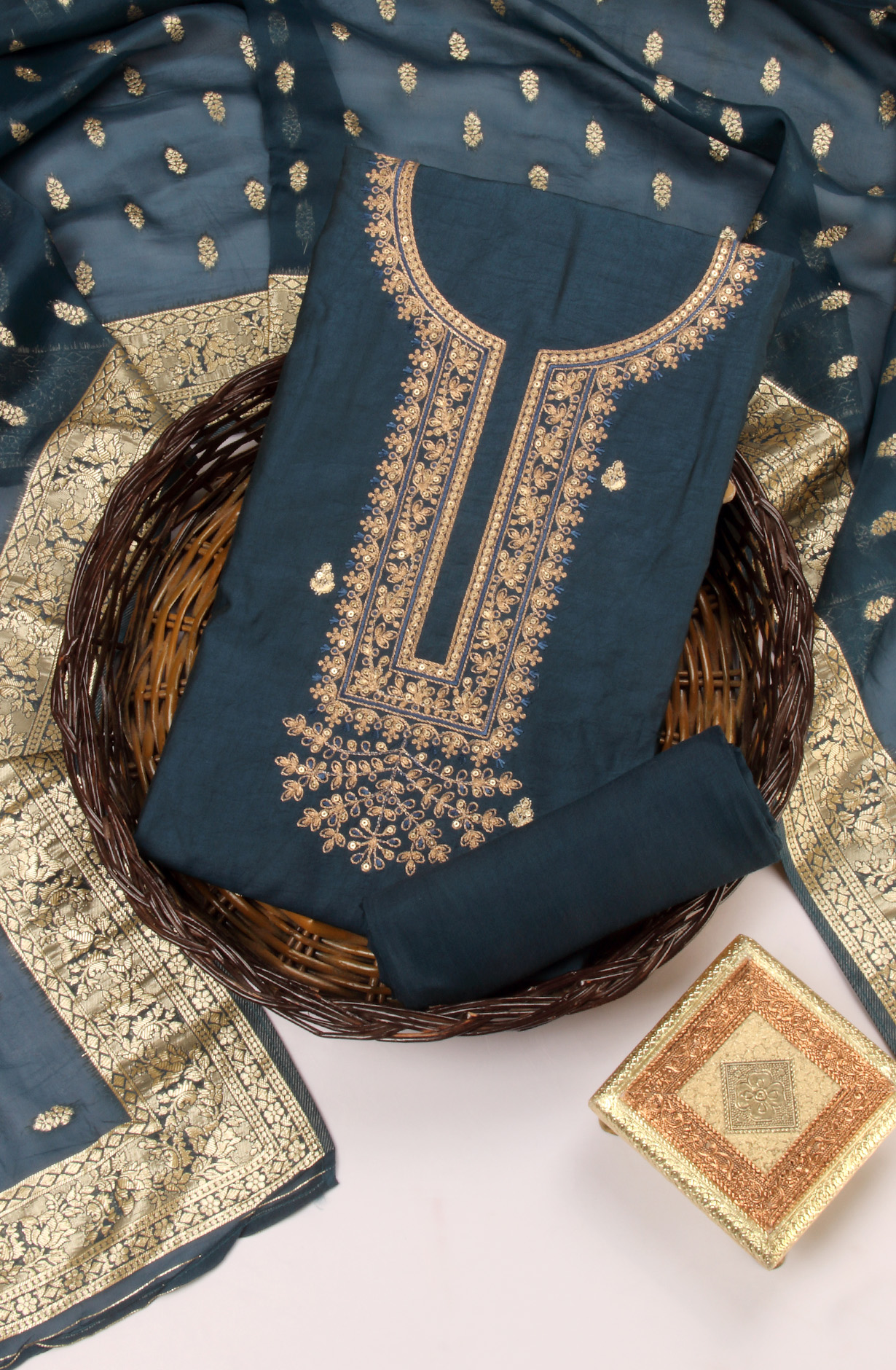 Teal Chanderi Silk Salwar Kameez with Organza Dupatta - 981-NK112A