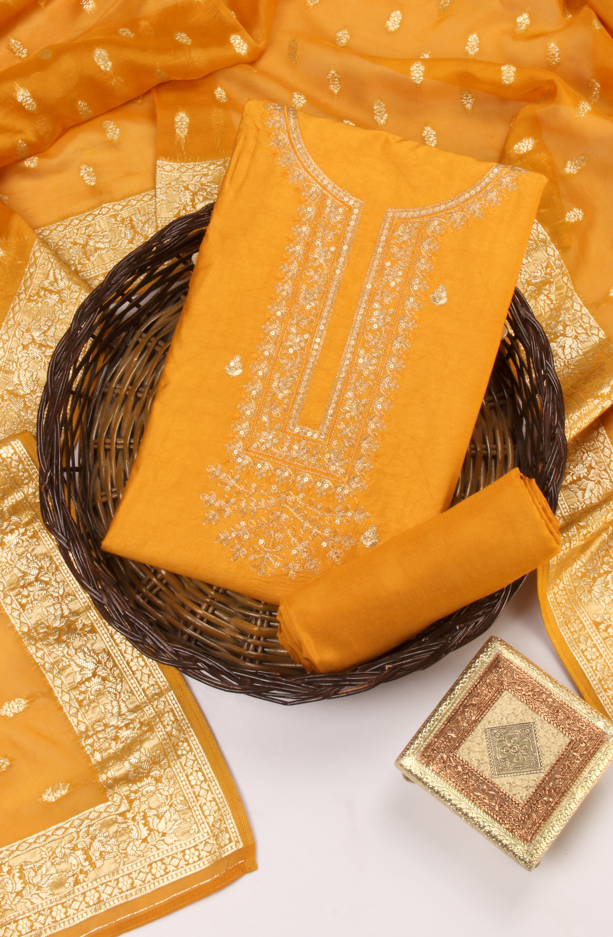 Mustard Yellow Chanderi Silk Salwar Kameez with Organza Dupatta - 981-NK112B