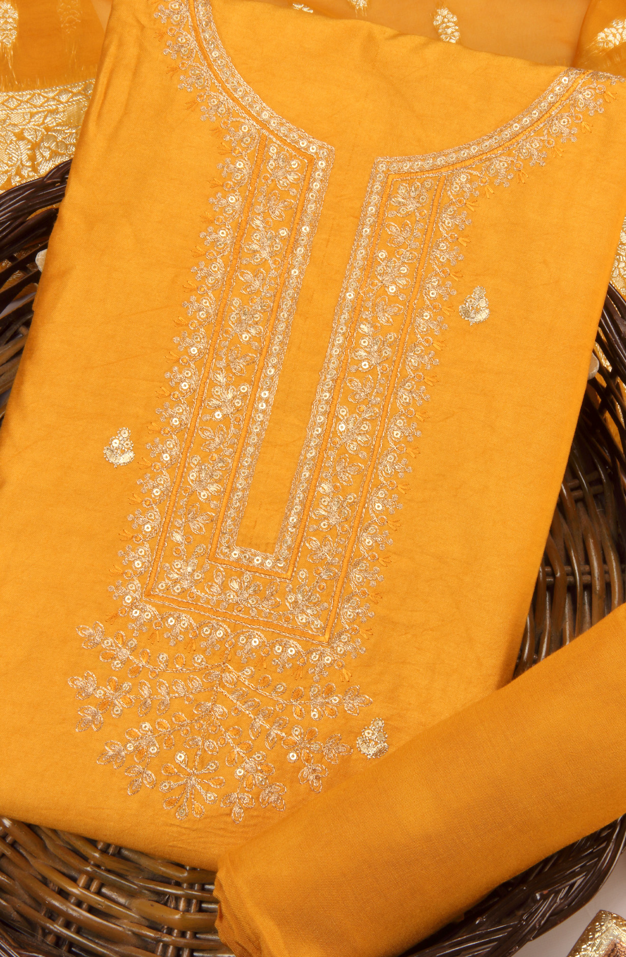 Mustard Yellow Chanderi Silk Salwar Kameez with Organza Dupatta - 981-NK112B