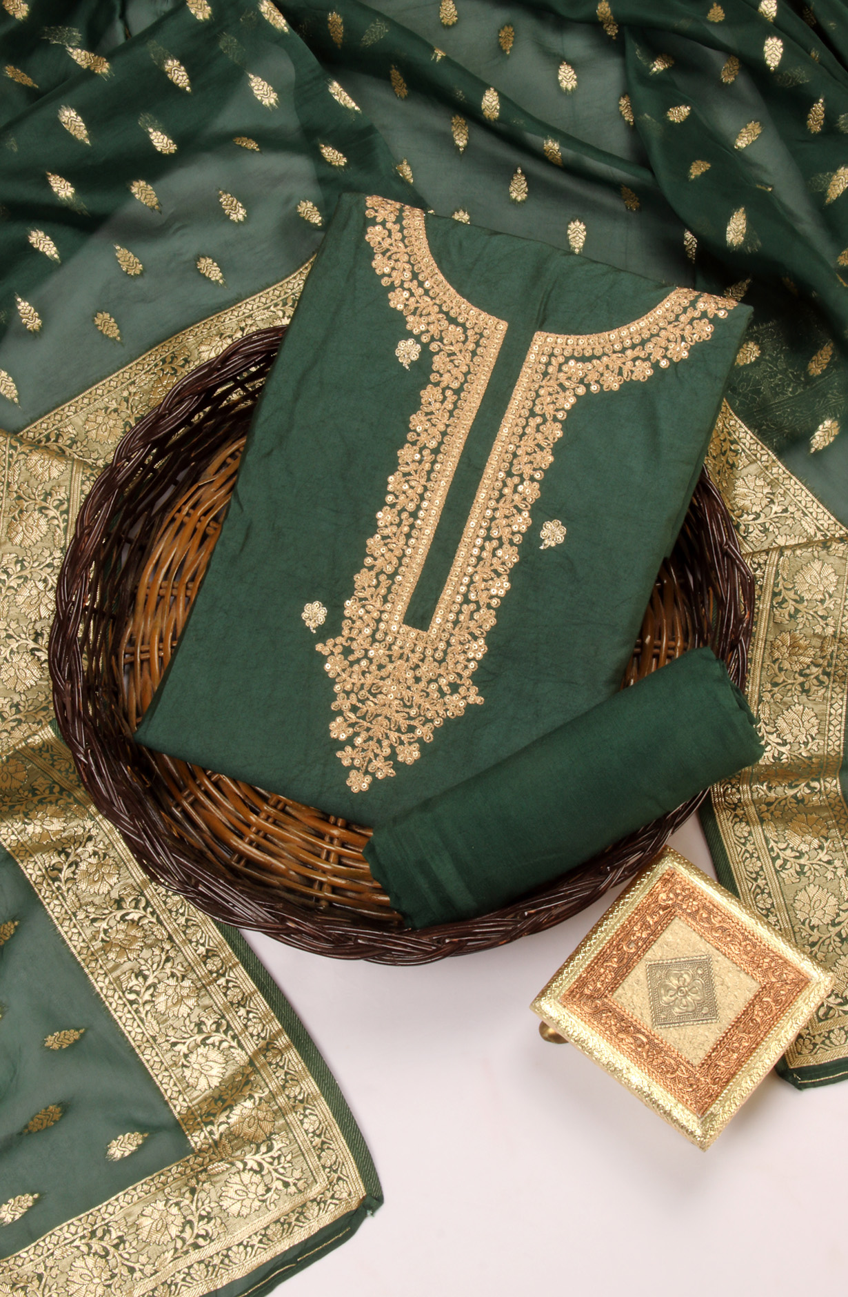 Bottle Green Chanderi Silk Salwar Kameez with Organza Dupatta - 981-NK113
