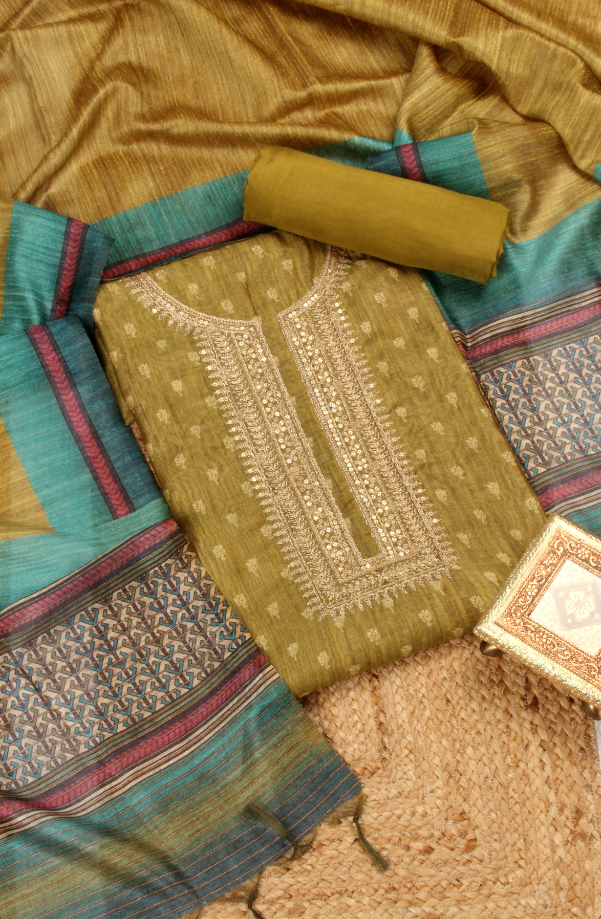 Mehndi Green Chanderi Salwar Kameez with Beautiful Dupatta - 981-NK40